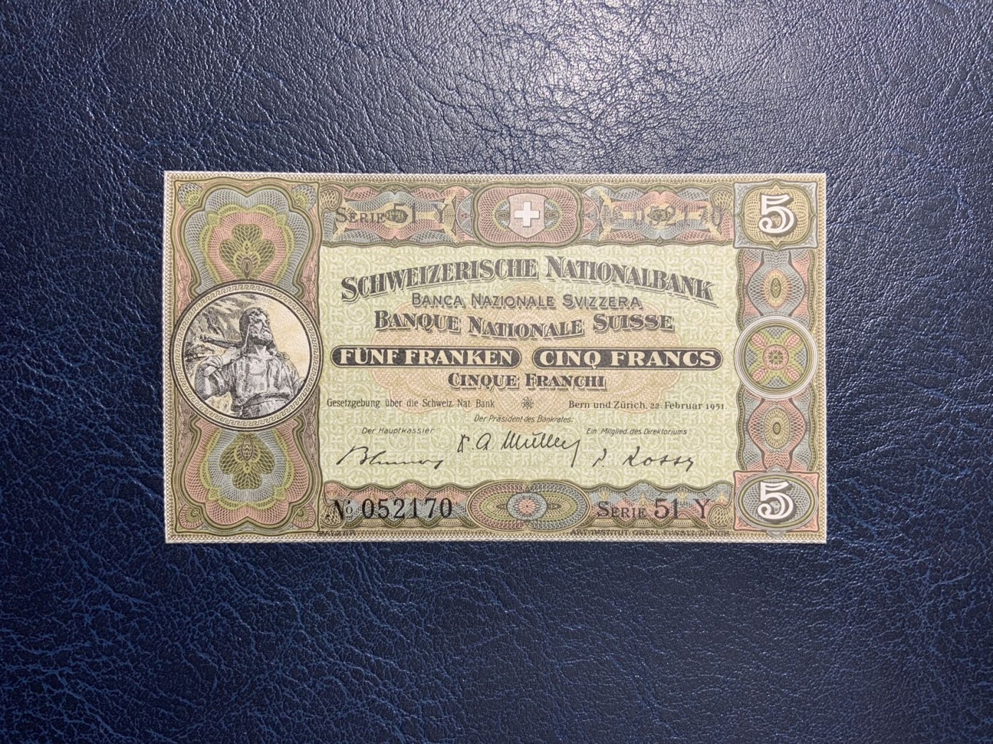 收藏联盟Quantum Auction 第308期拍卖  瑞士国民银行1952年5法郎 品相UNC 稀少全新 号码无4 票面轻微触碰痕