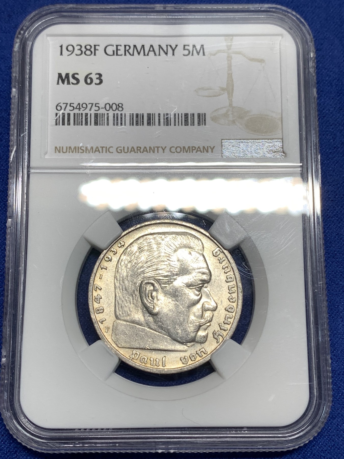 《竞宝斋》第221场-周日，周一 2场 (全场包邮) NGC MS63 德国1938年F版兴登堡5马克银币