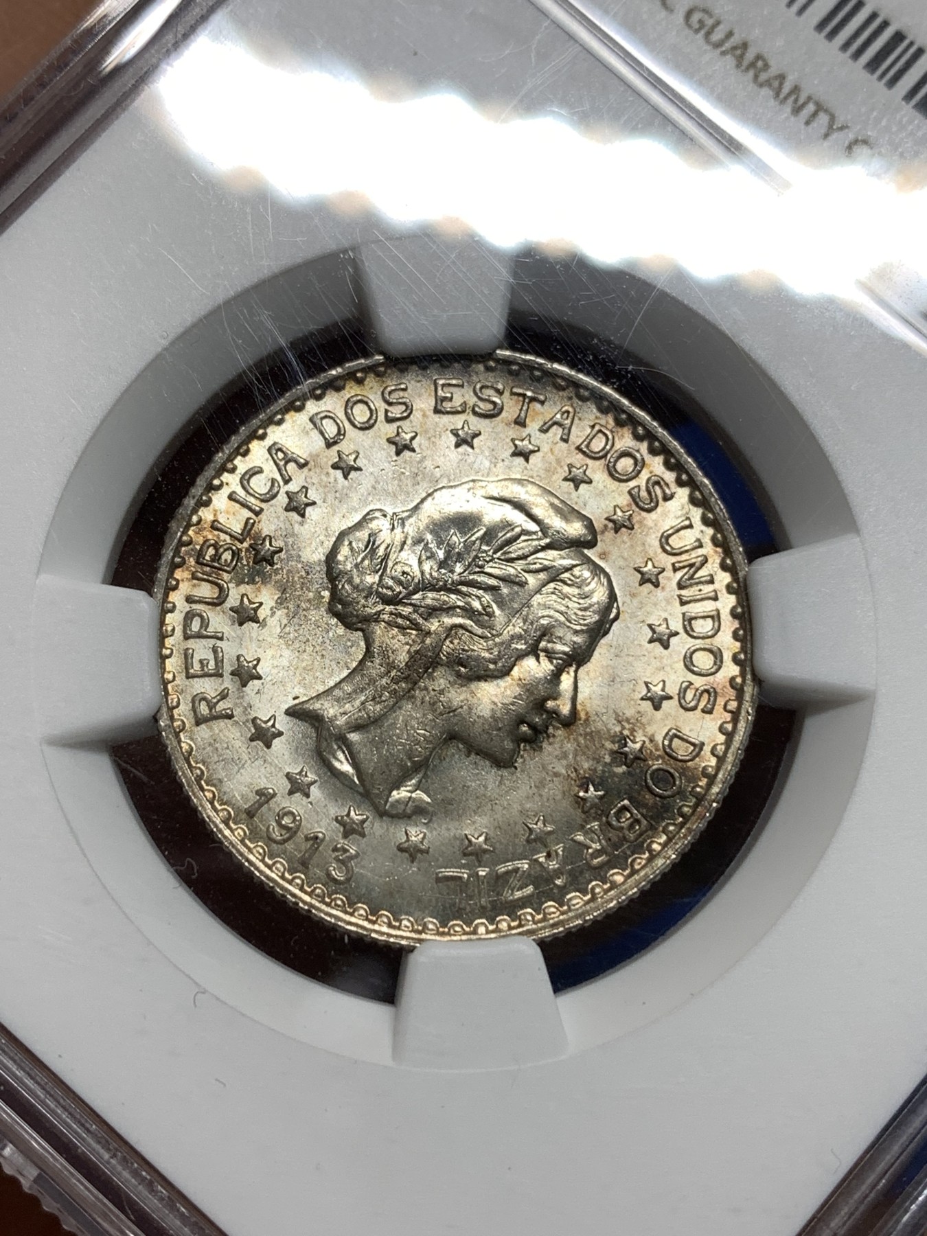 《竞宝斋》第221场-周日，周一 2场 (全场包邮) NGC MS64 巴西1913年美女1000瑞斯银币 高分好状态