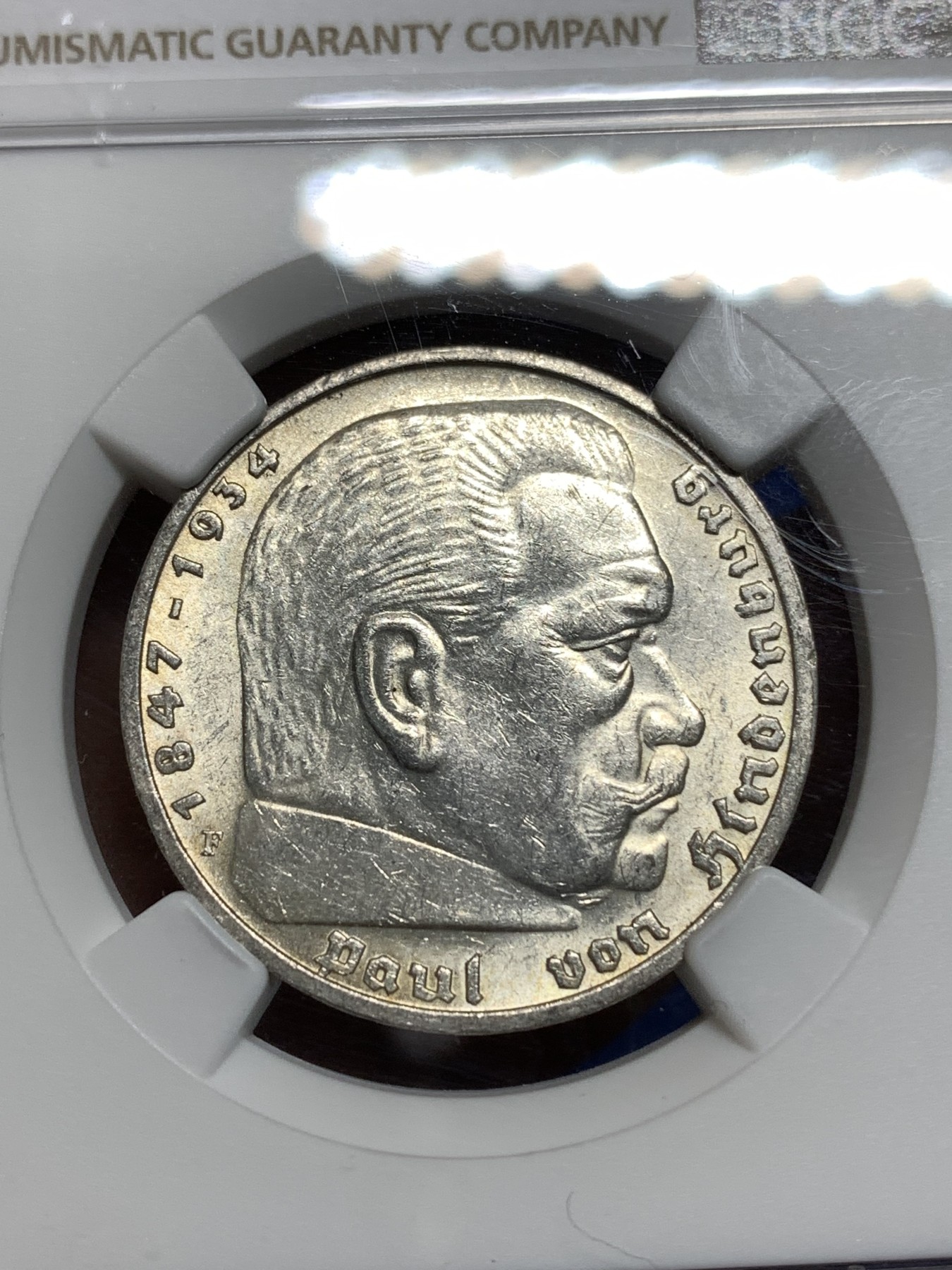 《竞宝斋》第221场-周日，周一 2场 (全场包邮) NGC MS63 德国1938年F版兴登堡5马克银币