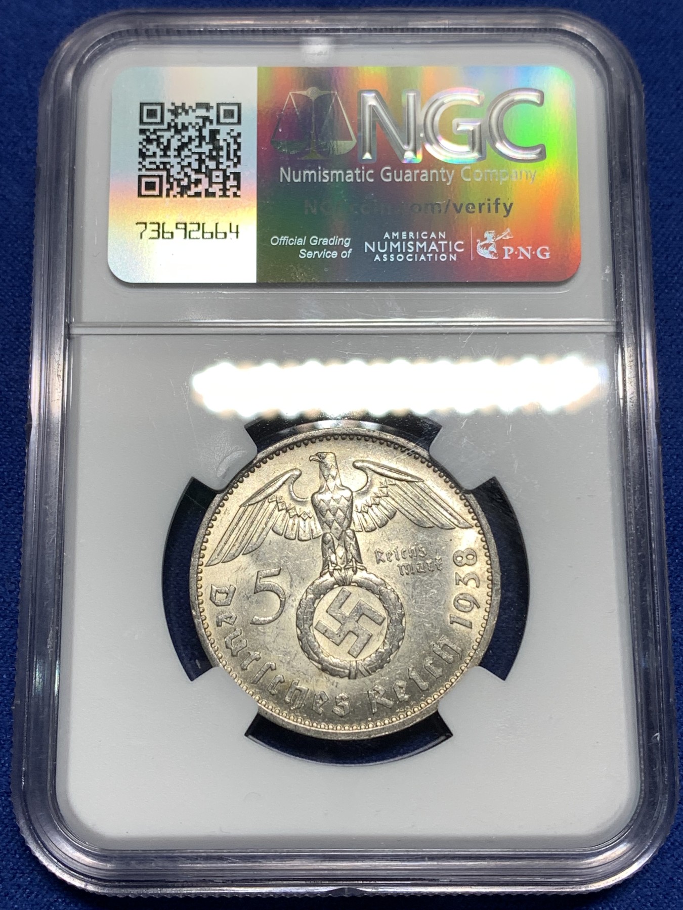 《竞宝斋》第221场-周日，周一 2场 (全场包邮) NGC MS63 德国1938年F版兴登堡5马克银币