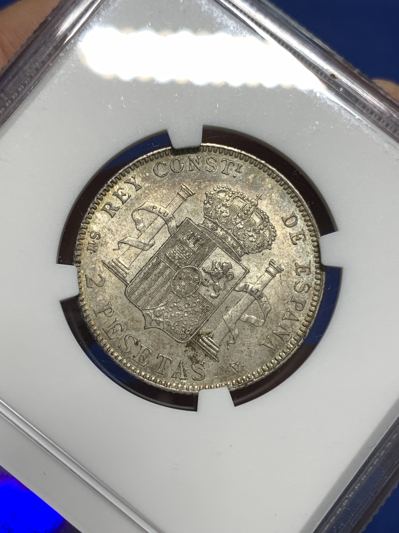 《竞宝斋》第221场-周日，周一 2场 (全场包邮) NGC-MS61 西班牙1905阿方索十三世2比塞塔银币