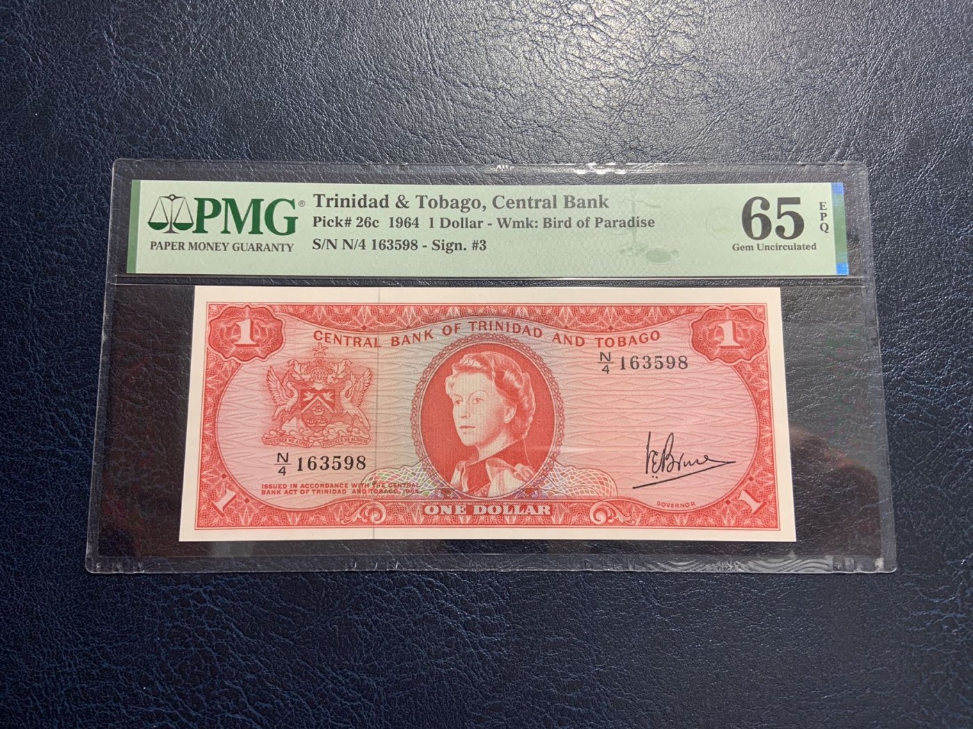 收藏联盟Quantum Auction 第308期拍卖  特立尼达和多巴哥1964年1元 PMG65 号码无47 戎装女王