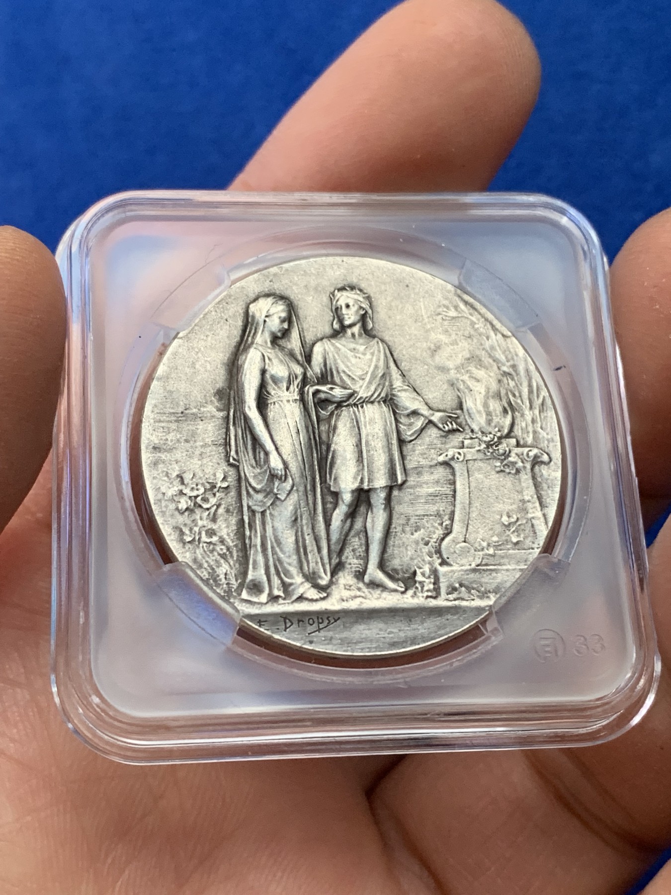 《竞宝斋》第221场-周日，周一 2场 (全场包邮) 1901年法国稀有婚礼银章 32.8毫米 16.5克 边铭 菱形 丰饶角argent银标