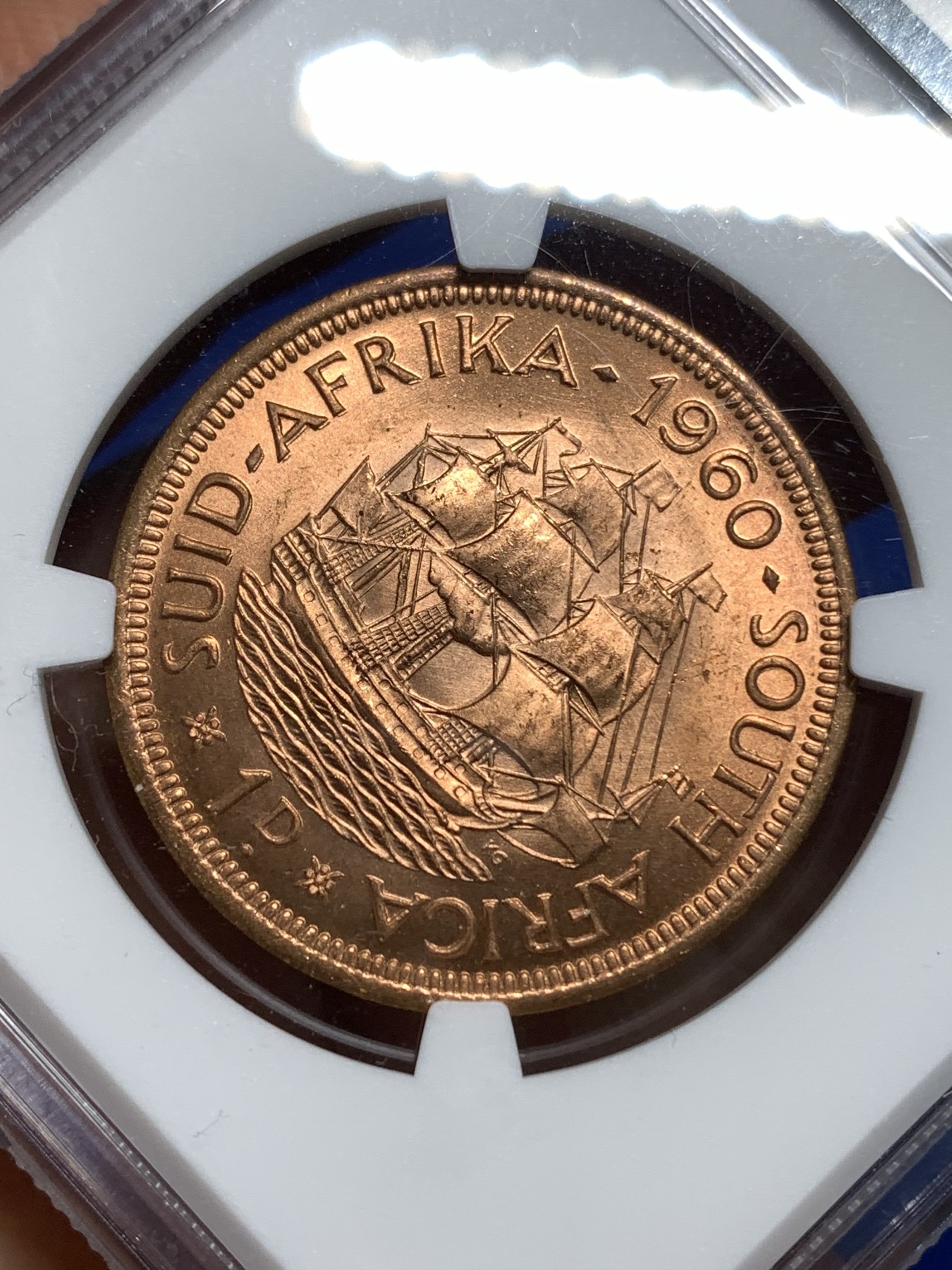 《竞宝斋》第221场-周日，周一 2场 (全场包邮) NGC-MS64 伊丽莎白二世1960年南非1便士铜币，光度好收藏一步到位