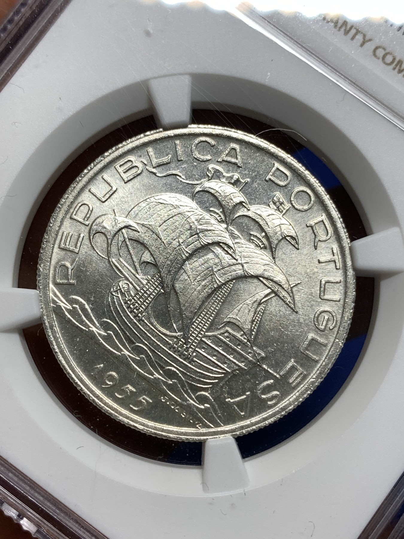 《竞宝斋》第221场-周日，周一 2场 (全场包邮) NGC MS65 葡萄牙1955年大帆船10埃斯库多银币