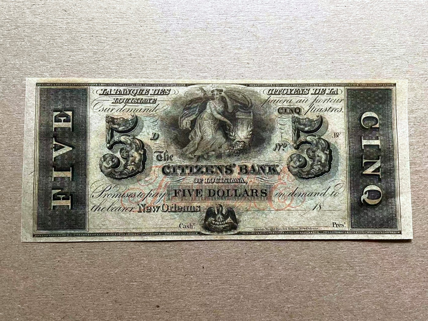 【Blue Auction】✨世界纸币精拍第401期【精】 【少见背面蓝色套印】美国 新奥尔良 18XX年5美金 双面设计大票幅精美 女神  全新UNC