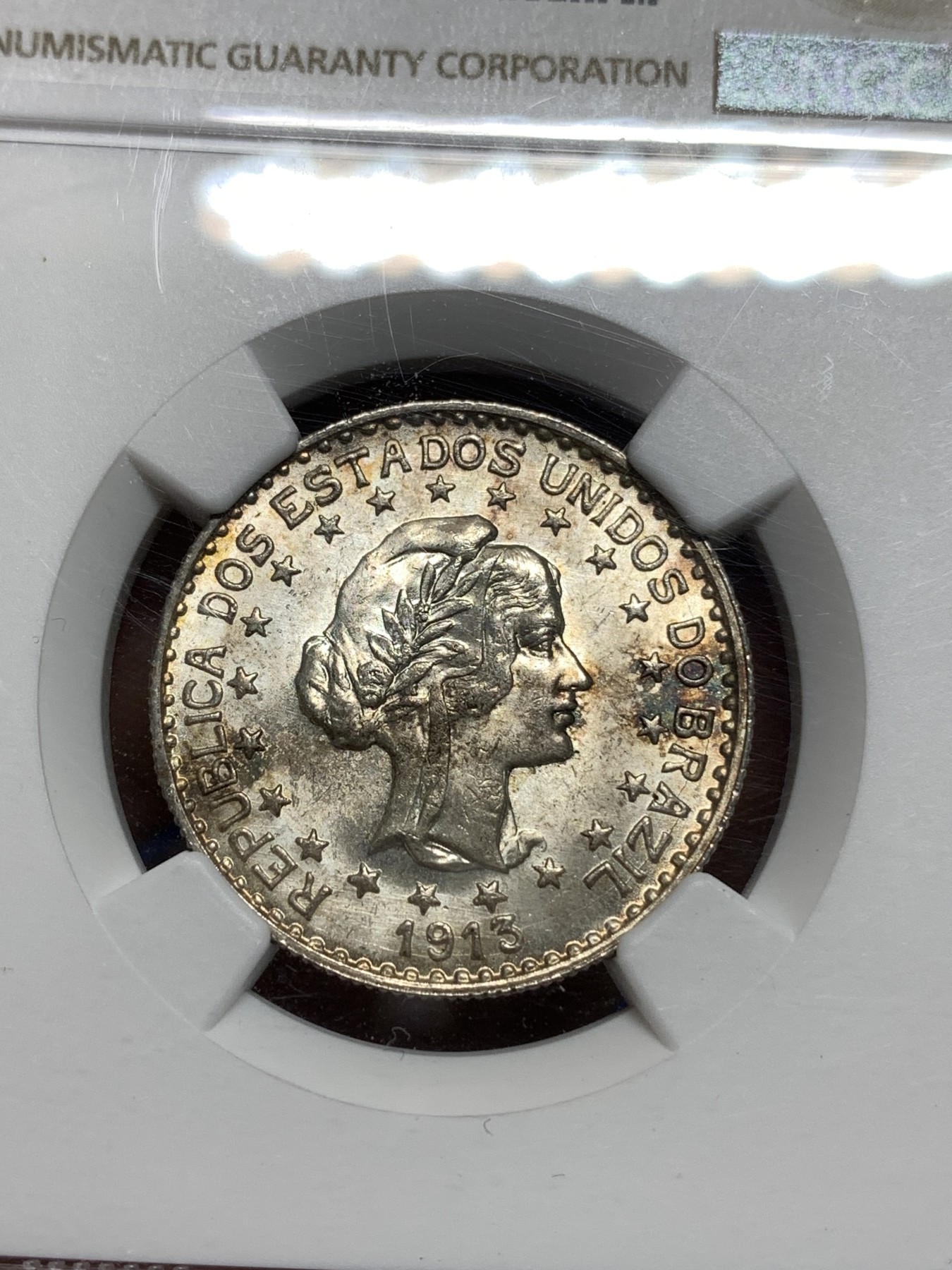 《竞宝斋》第221场-周日，周一 2场 (全场包邮) NGC MS64 巴西1913年美女1000瑞斯银币 高分好状态