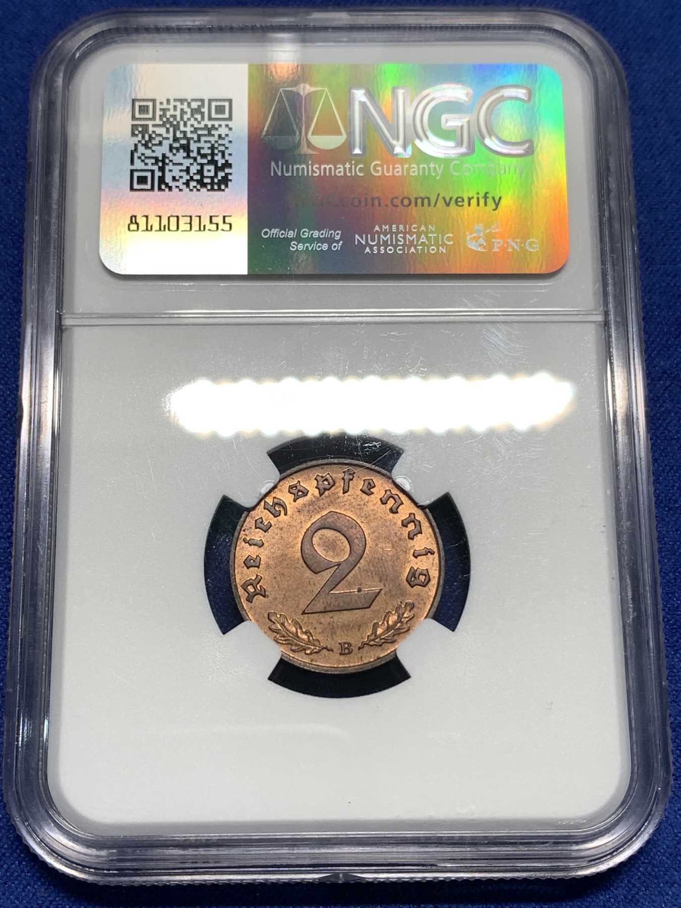 《竞宝斋》第221场-周日，周一 2场 (全场包邮) NGC MS63RB 1939B德国2芬尼 高分难得