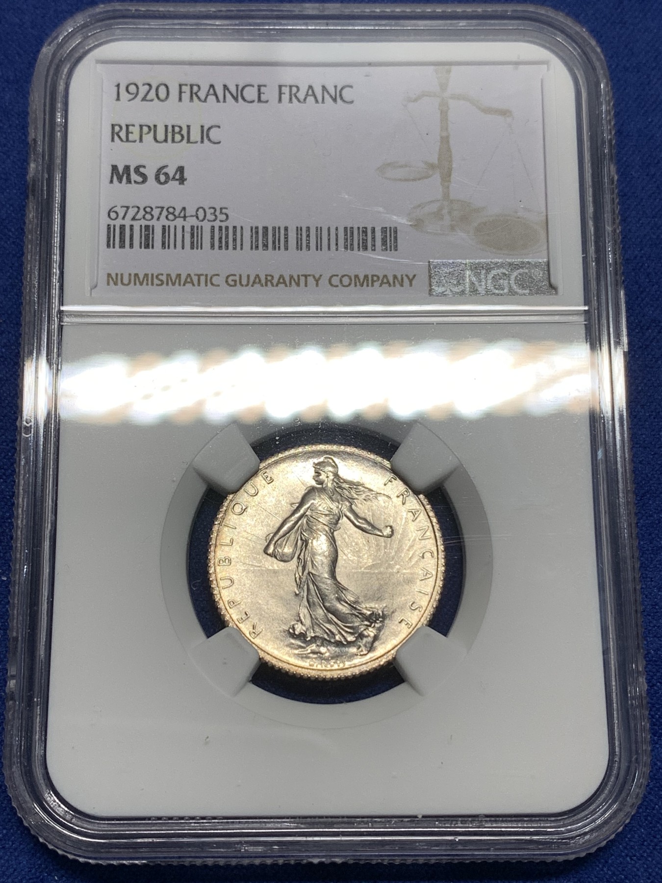 《竞宝斋》第221场-周日，周一 2场 (全场包邮) NGC-MS64 法国1920年播种女神1法郎银币