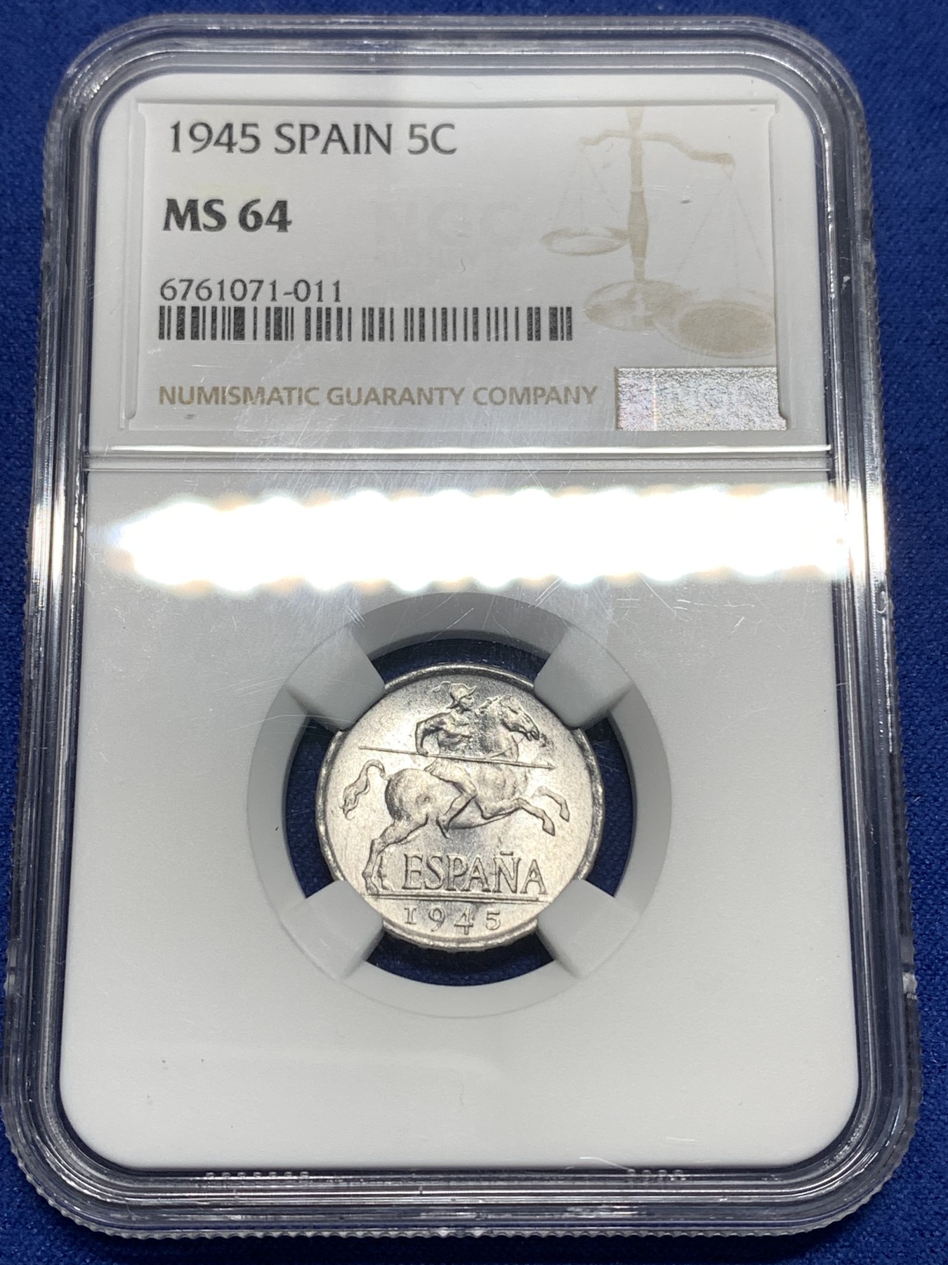 《竞宝斋》第221场-周日，周一 2场 (全场包邮) NGC MS64 西班牙1945年5分铝币