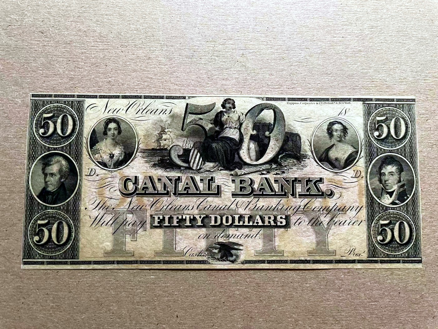 【Blue Auction】✨世界纸币精拍第401期【精】 美国 新奥尔良 18XX年50美金 众多人物 双面设计大票幅 红色套印 全新UNC