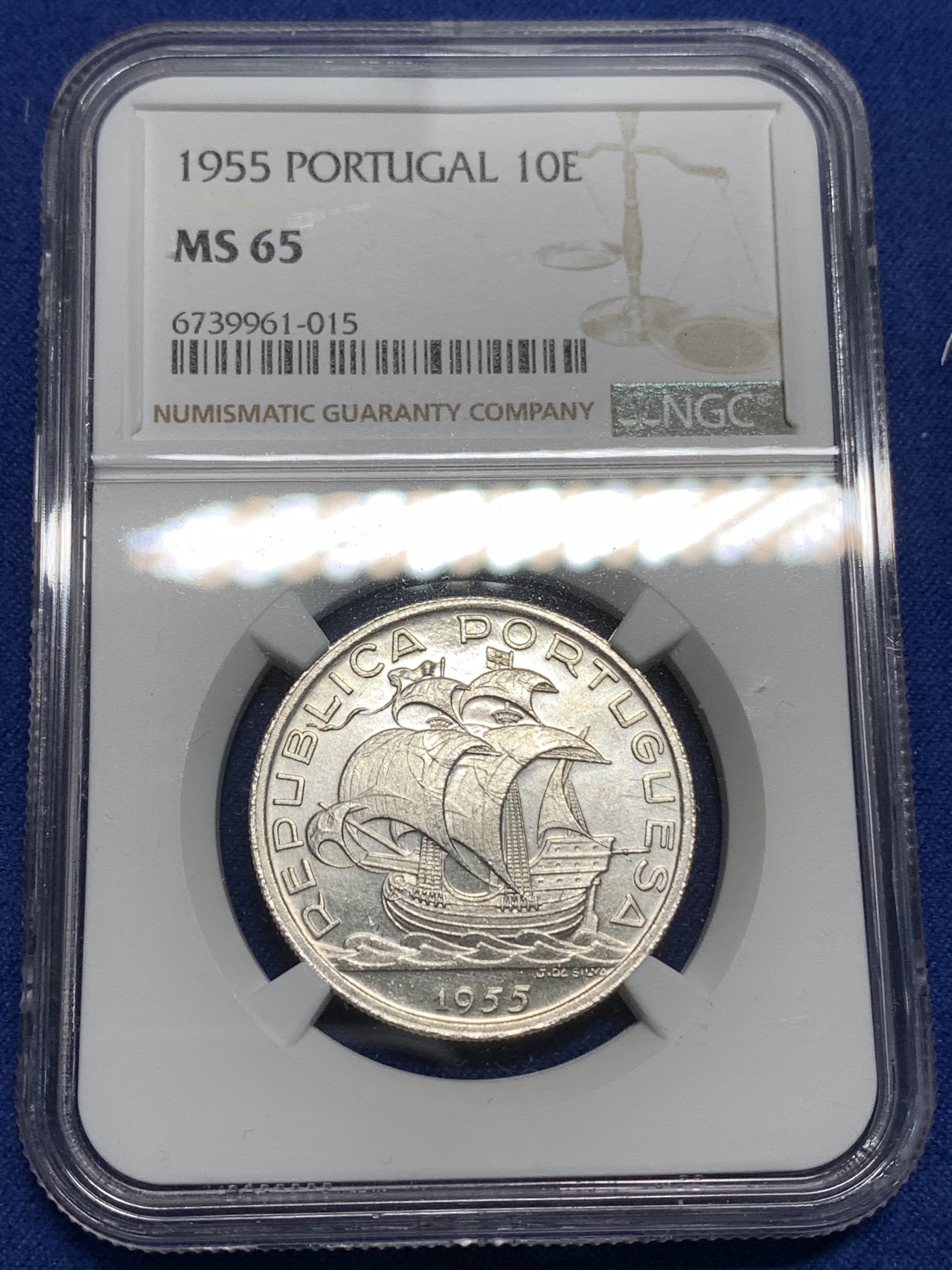 《竞宝斋》第221场-周日，周一 2场 (全场包邮) NGC MS65 葡萄牙1955年大帆船10埃斯库多银币