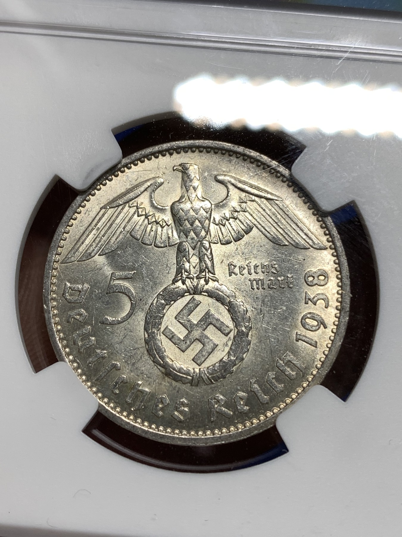 《竞宝斋》第221场-周日，周一 2场 (全场包邮) NGC MS63 德国1938年F版兴登堡5马克银币