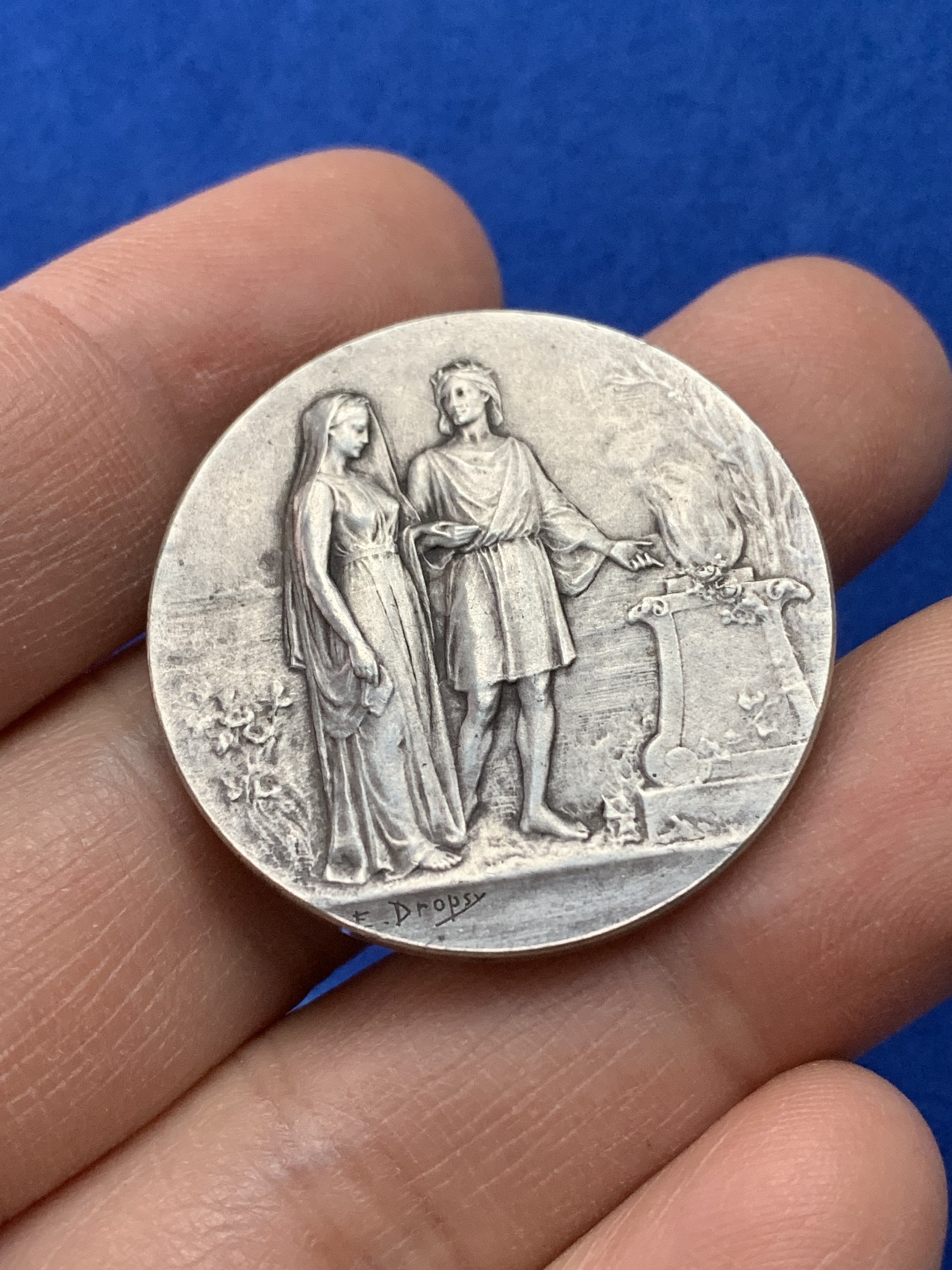 《竞宝斋》第221场-周日，周一 2场 (全场包邮) 1901年法国稀有婚礼银章 32.8毫米 16.5克 边铭 菱形 丰饶角argent银标