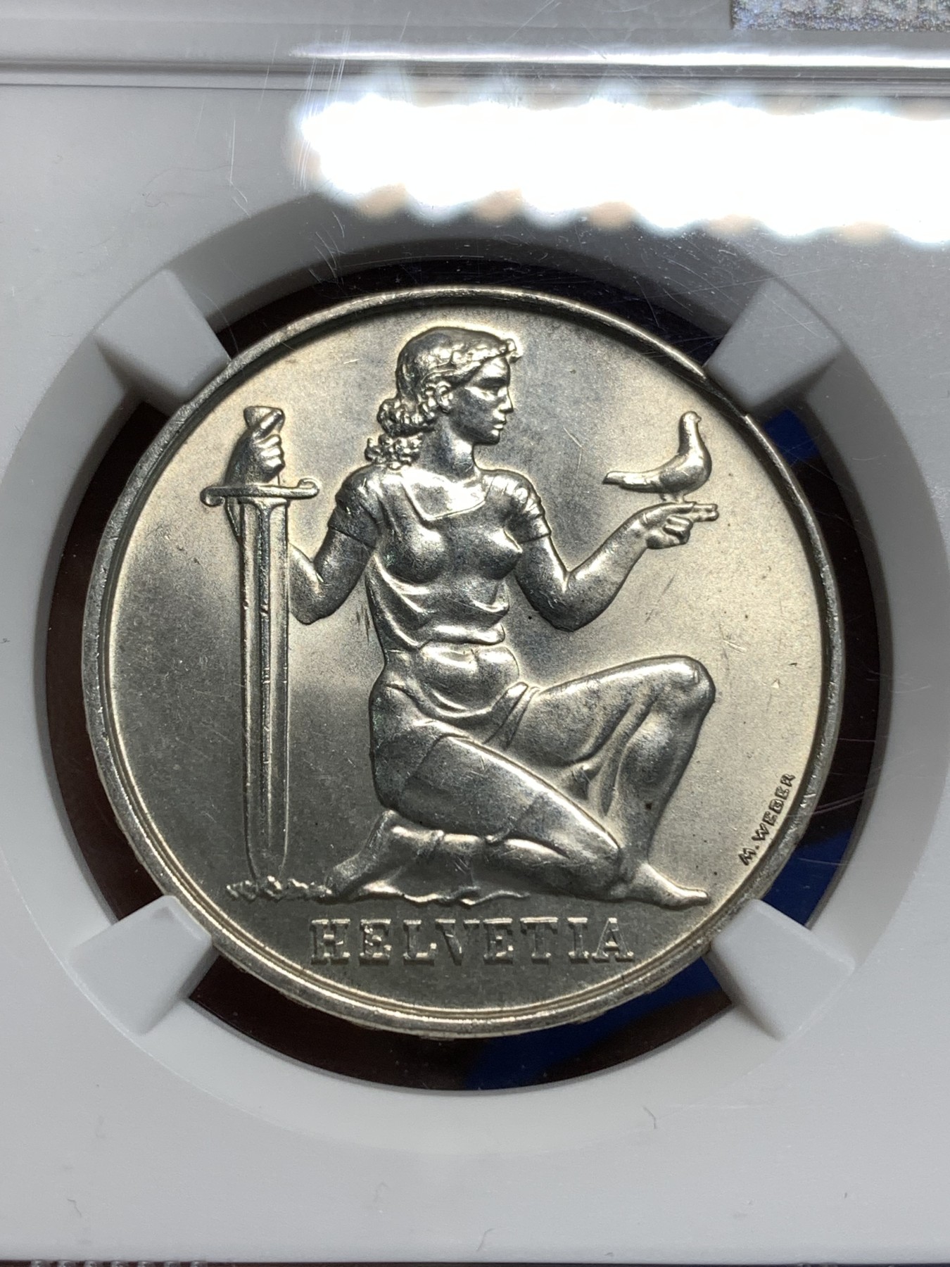 《竞宝斋》第221场-周日，周一 2场 (全场包邮) NGC MS63 瑞士1936赫尔维蒂和平5法郎银币