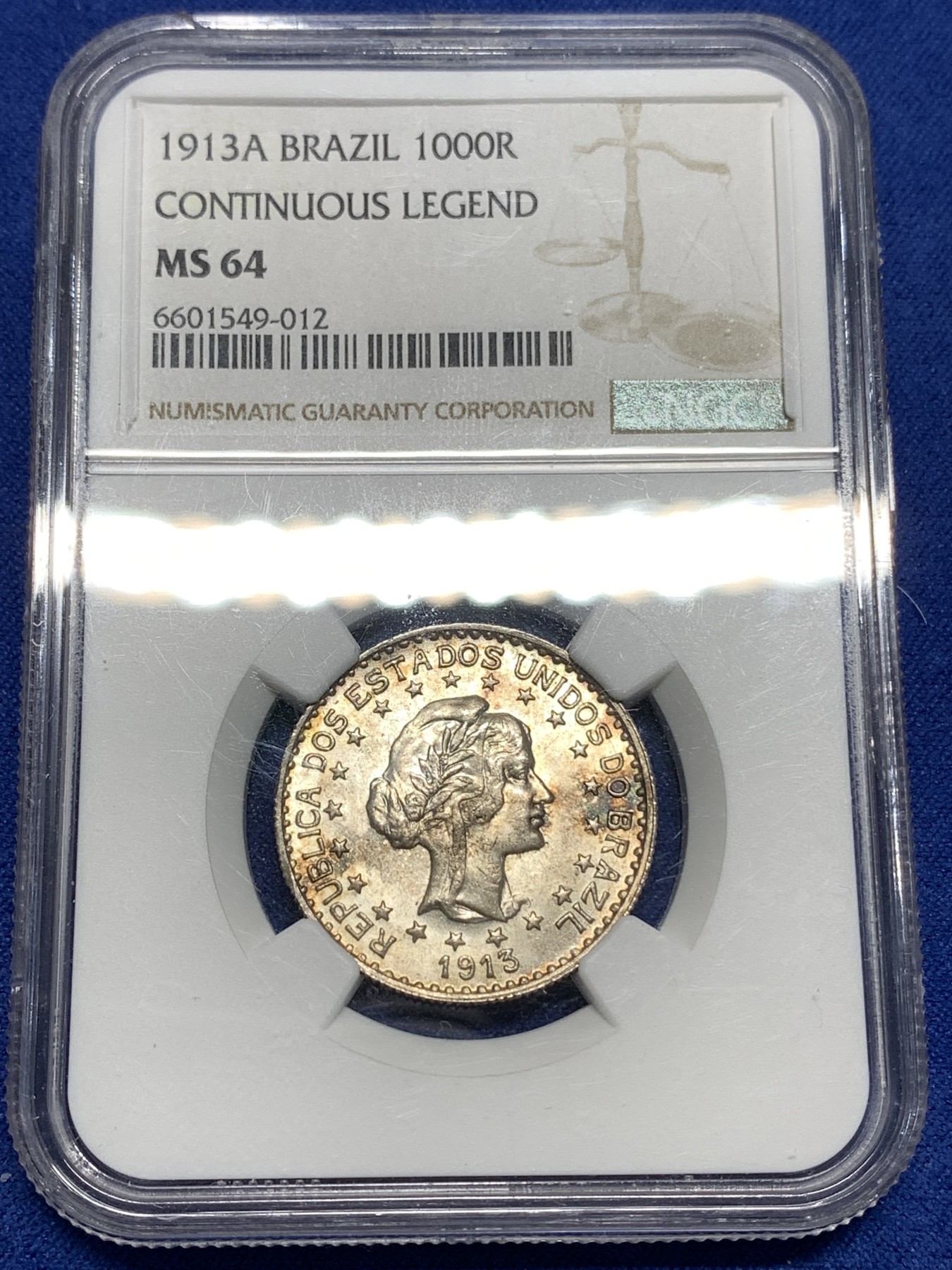 《竞宝斋》第221场-周日，周一 2场 (全场包邮) NGC MS64 巴西1913年美女1000瑞斯银币 高分好状态
