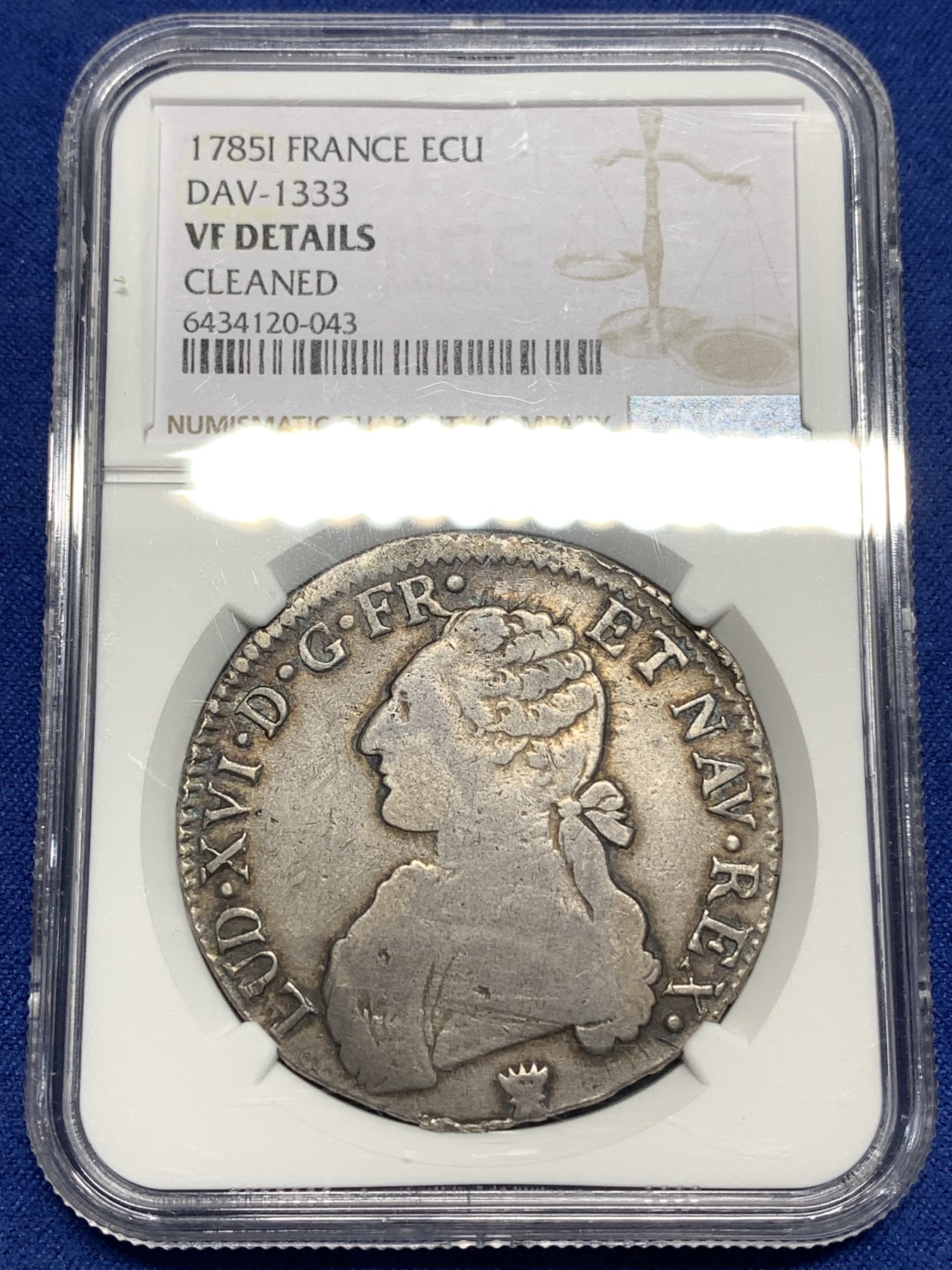 《竞宝斋》第221场-周日，周一 2场 (全场包邮) NGC VF 法国1785年I版路易十六1埃居大银币 原味流通好品