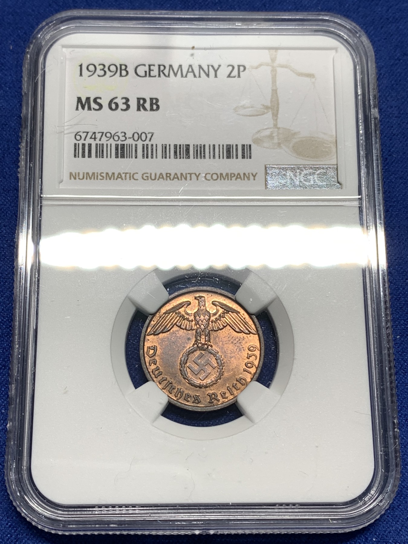 《竞宝斋》第221场-周日，周一 2场 (全场包邮) NGC MS63RB 1939B德国2芬尼 高分难得