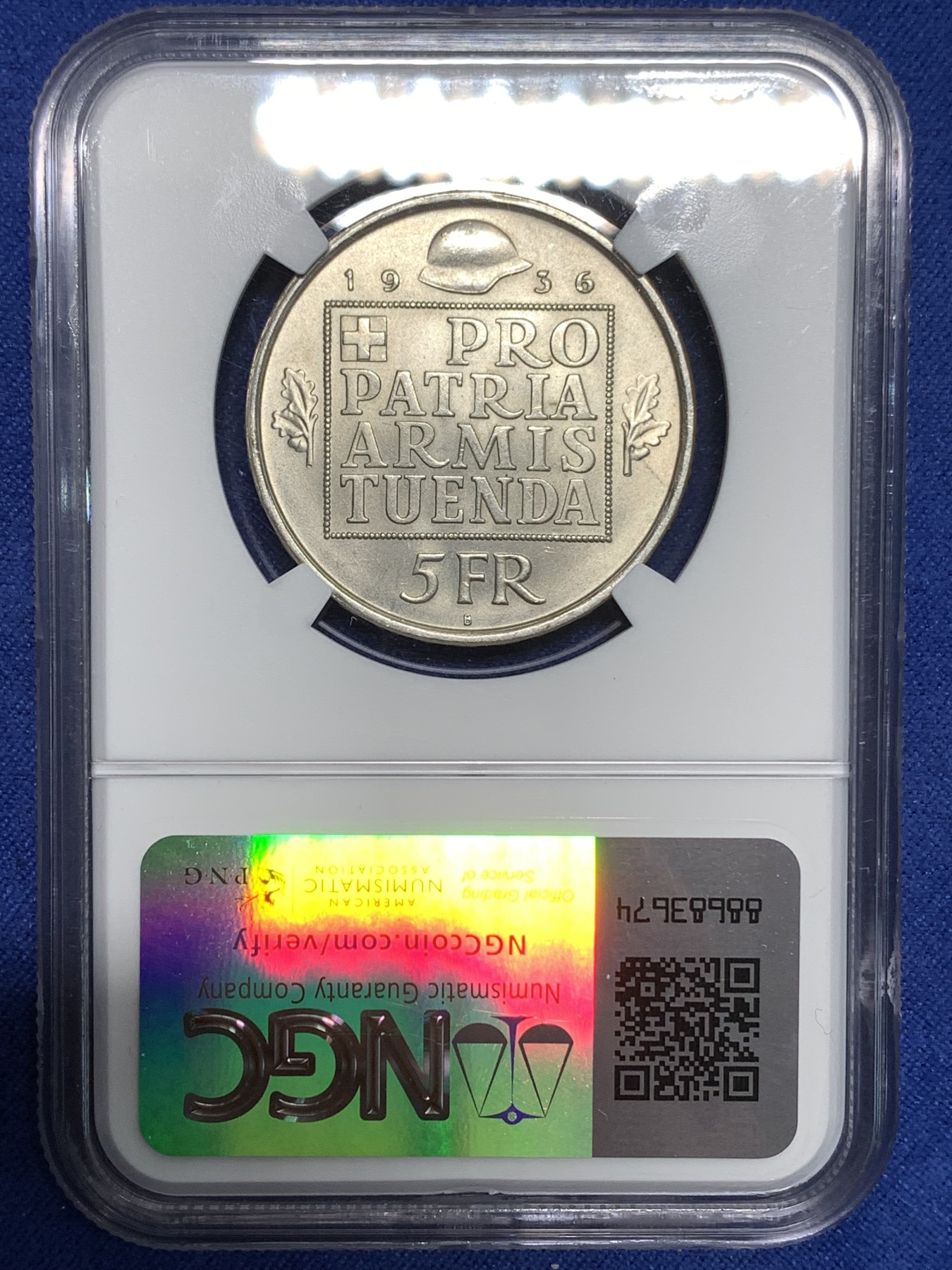 《竞宝斋》第221场-周日，周一 2场 (全场包邮) NGC MS63 瑞士1936赫尔维蒂和平5法郎银币