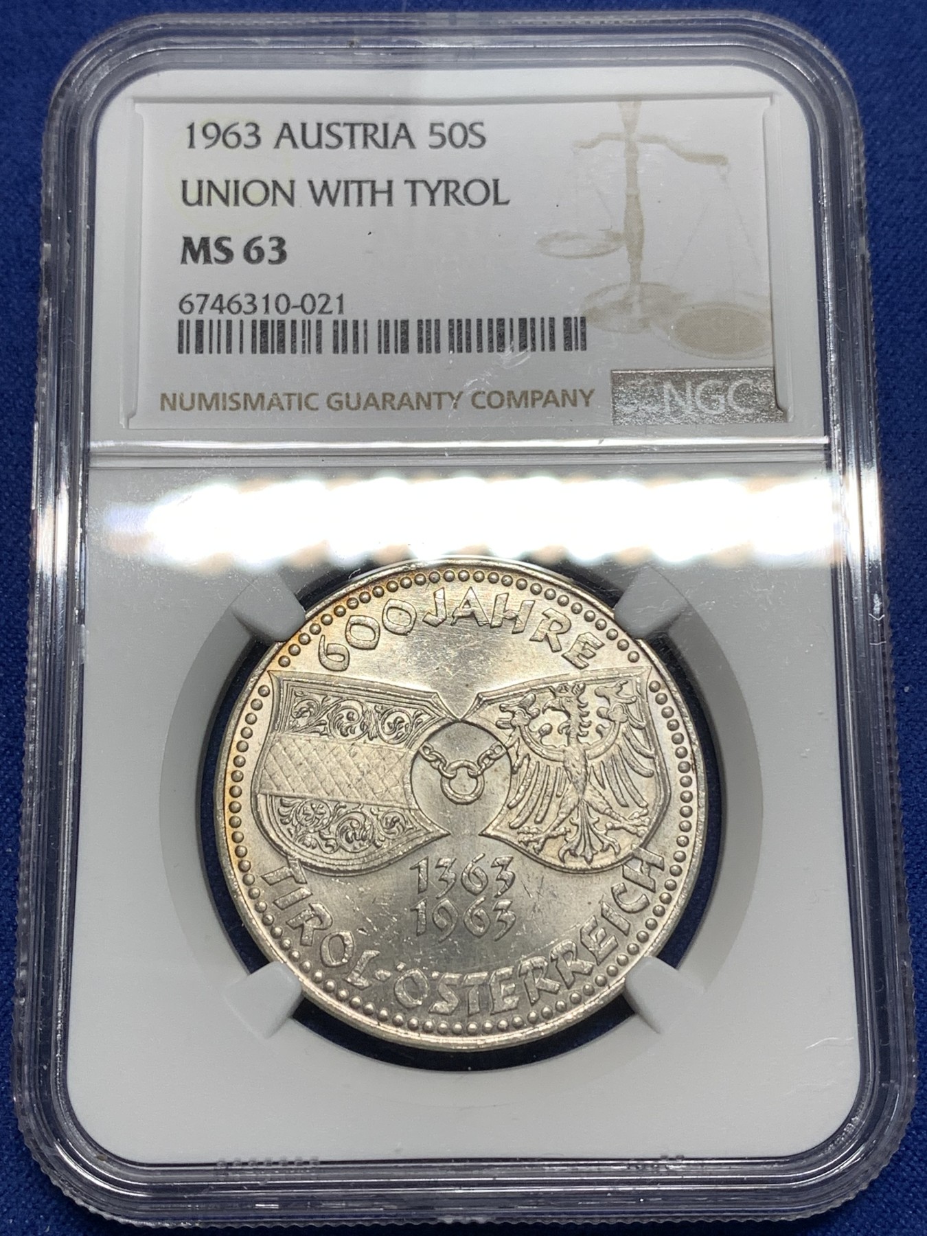 《竞宝斋》第221场-周日，周一 2场 (全场包邮) NGC-MS63 奥地利1963年 联盟纪念 50先令大银币