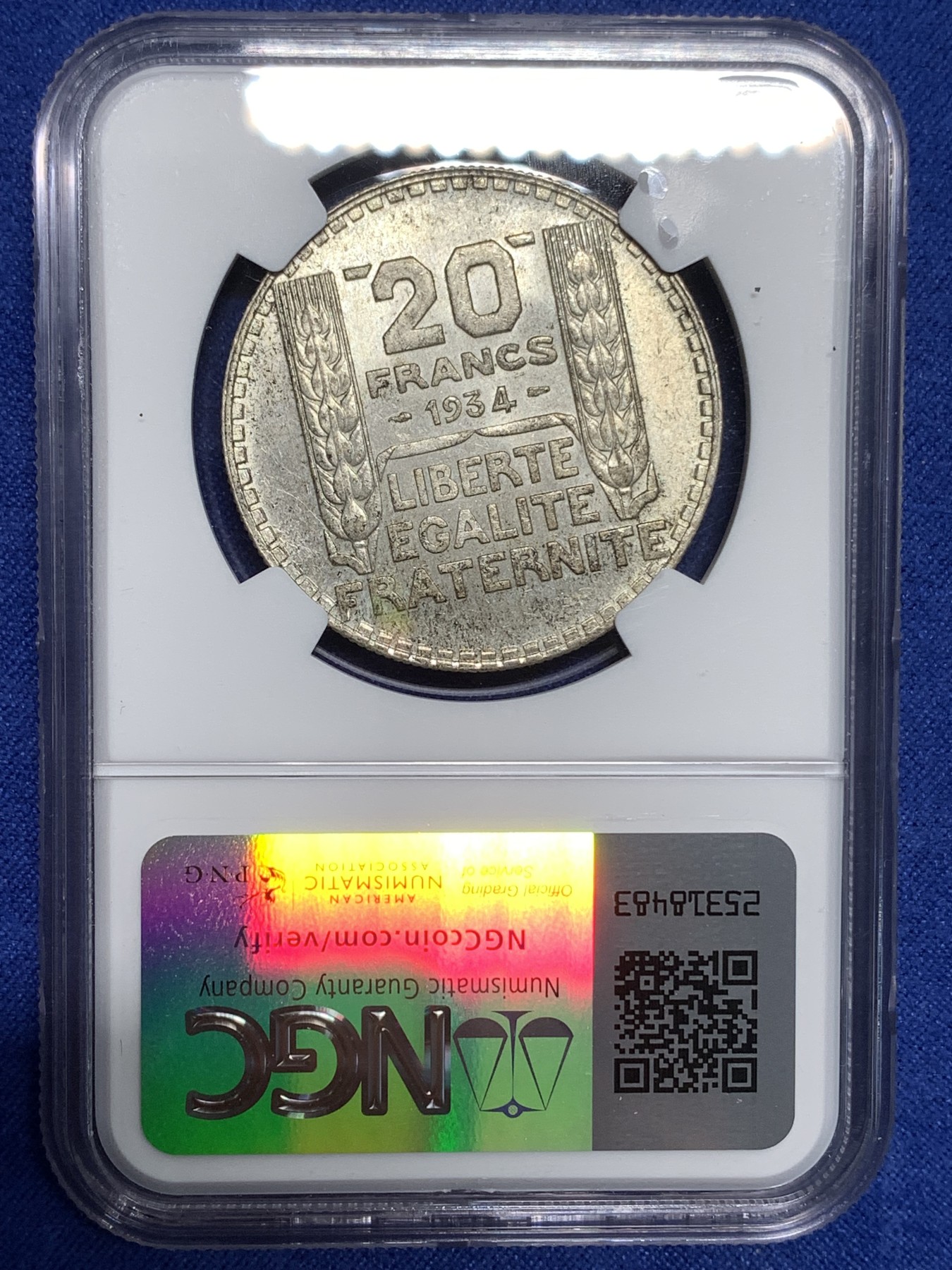 《竞宝斋》第221场-周日，周一 2场 (全场包邮) NGC-MS62 法国1934年 谷物女神20法郎大银币
