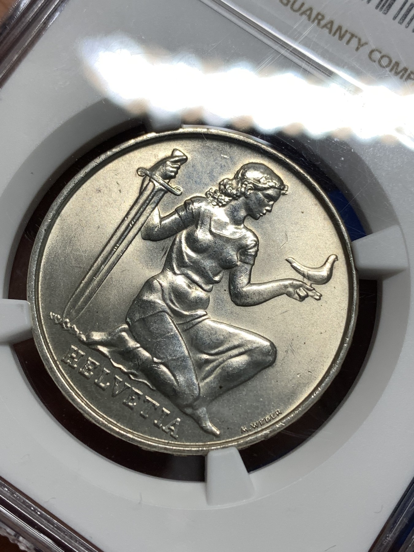 《竞宝斋》第221场-周日，周一 2场 (全场包邮) NGC MS63 瑞士1936赫尔维蒂和平5法郎银币