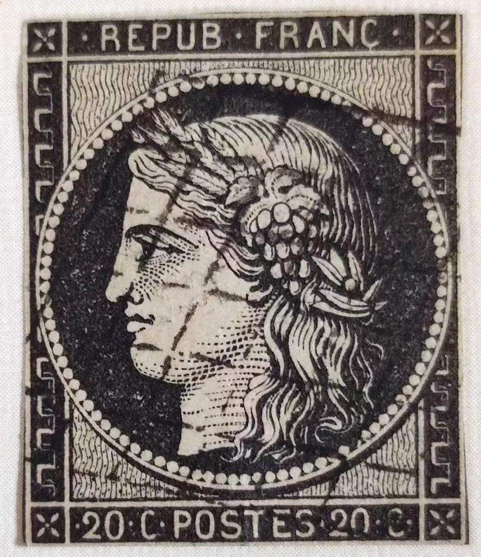 各国首次发行 —— 自制贴片，法国，第一枚邮票，1849年，谷物女神色雷斯旧，盖世界首枚菱形邮戳   （店内编号3）