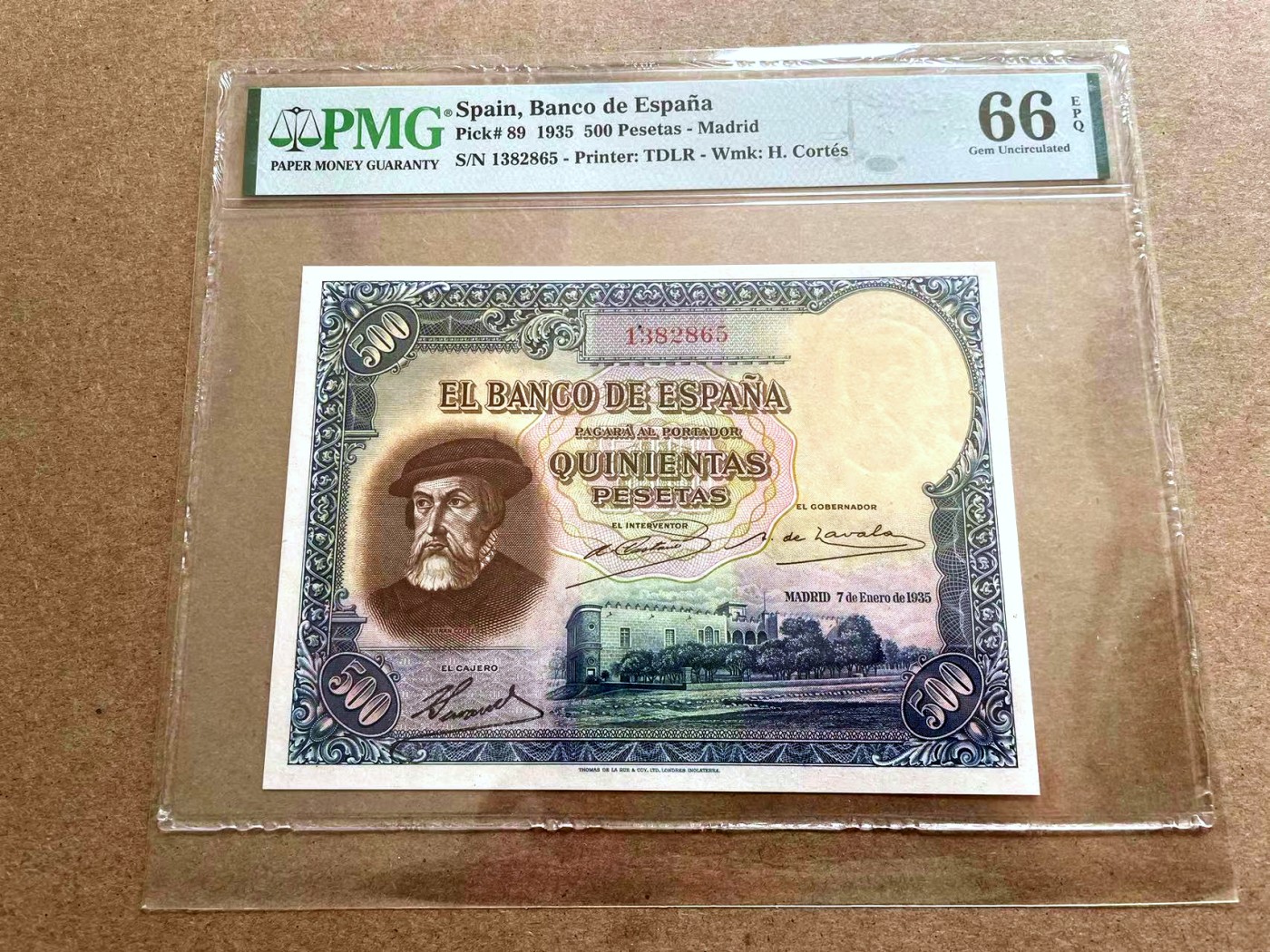 【Blue Auction】✨世界纸币精拍第401期【精】 【无47】西班牙 1935年500比塞塔 PMG66EPQ 科尔特斯 雕刻精美