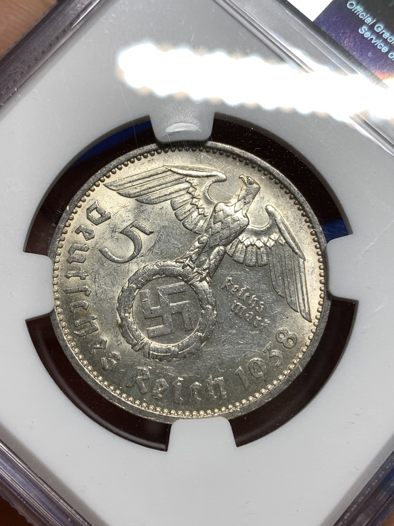 《竞宝斋》第221场-周日，周一 2场 (全场包邮) NGC MS63 德国1938年F版兴登堡5马克银币