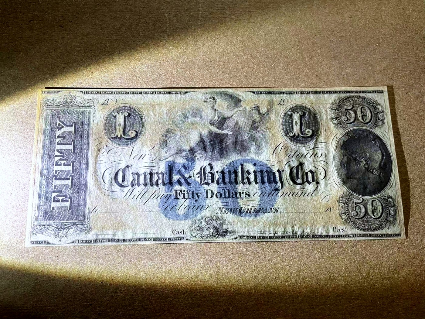 【Blue Auction】✨世界纸币精拍第401期【精】 【蓝色套印】美国 新奥尔良 18XX年50美金 双面设计大票幅精美 数字中都是小天使 女神与鹰 少见品种 全新UNC