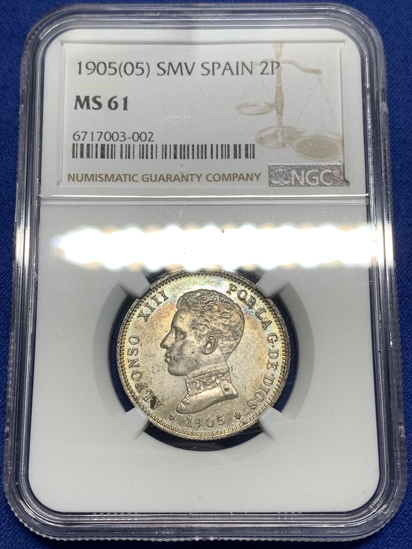 《竞宝斋》第221场-周日，周一 2场 (全场包邮) NGC-MS61 西班牙1905阿方索十三世2比塞塔银币