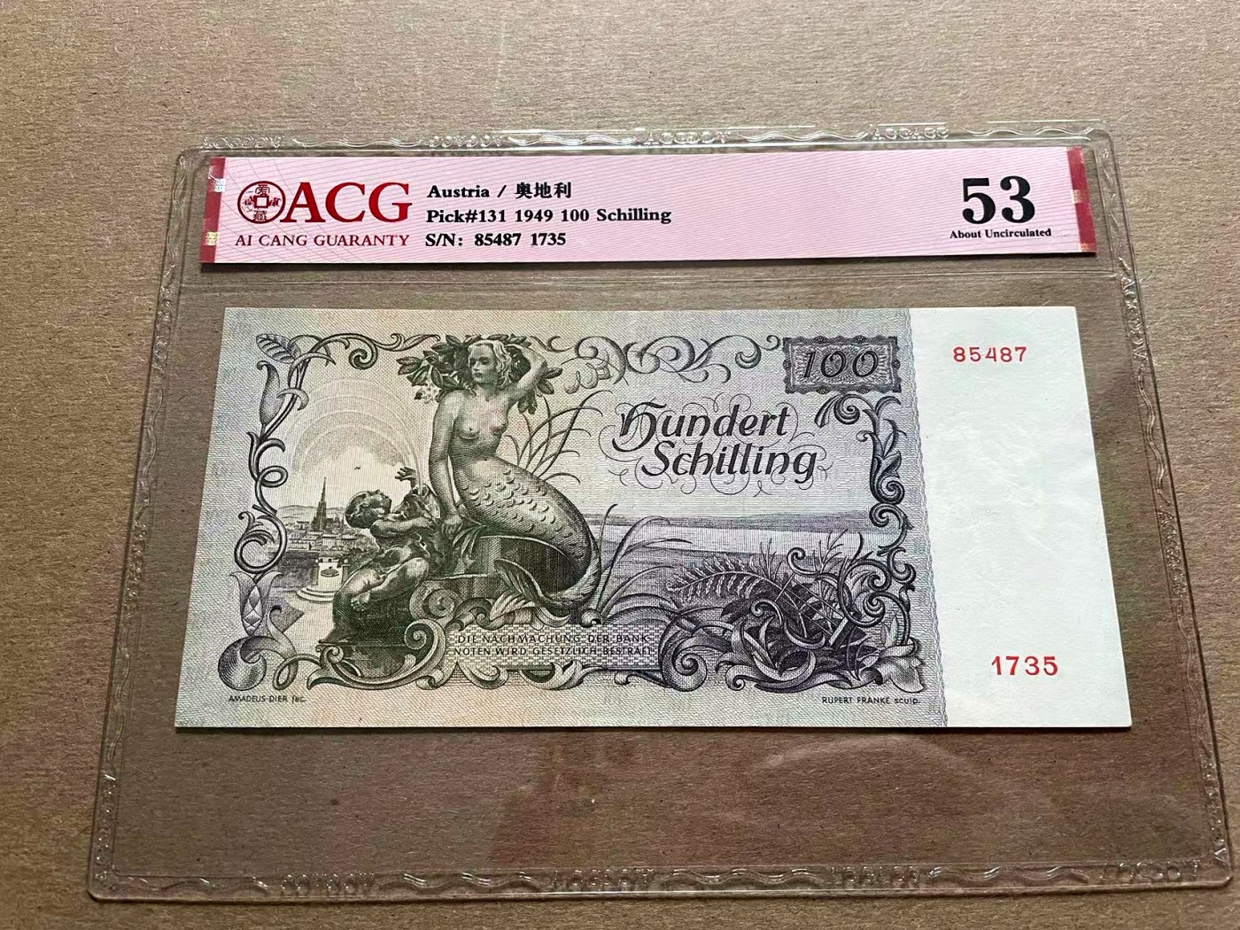 【Blue Auction】✨世界纸币精拍第401期【精】 奥地利 1949年100先令 美人鱼 ACG53