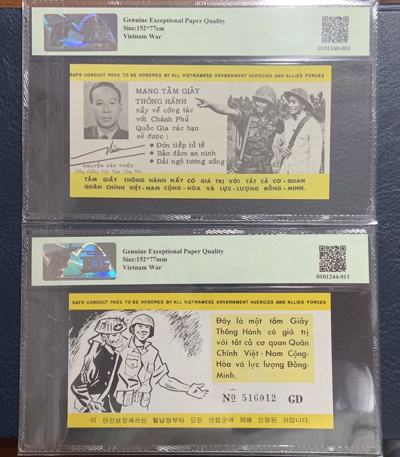 收藏联盟Quantum Auction 第308期拍卖  美国1966-68年越战劝降券一对 TQG67 冠军分 稀少5国劝降券