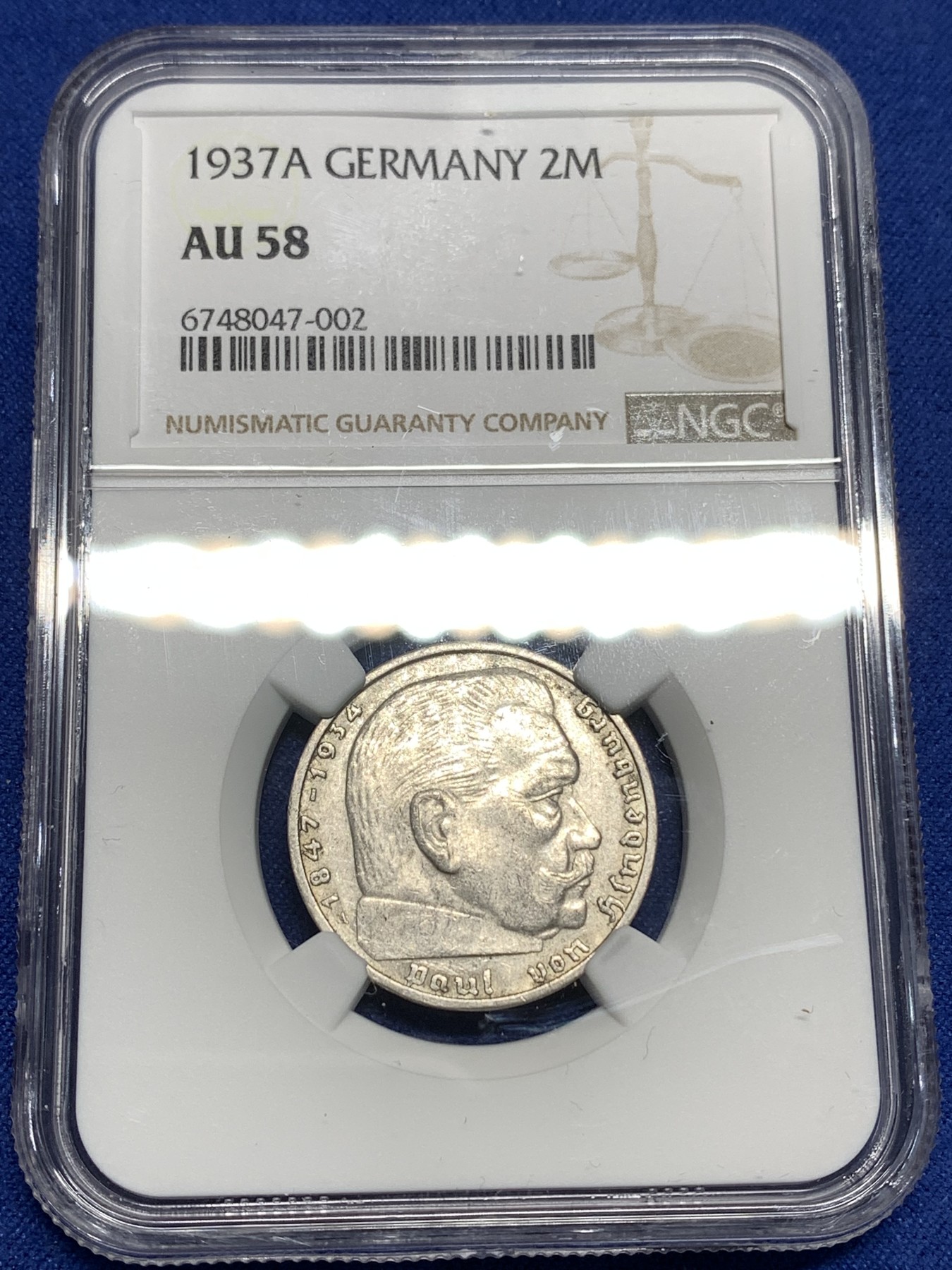 《竞宝斋》第221场-周日，周一 2场 (全场包邮) NGC AU58 德国1937年A版兴登堡2马克银币