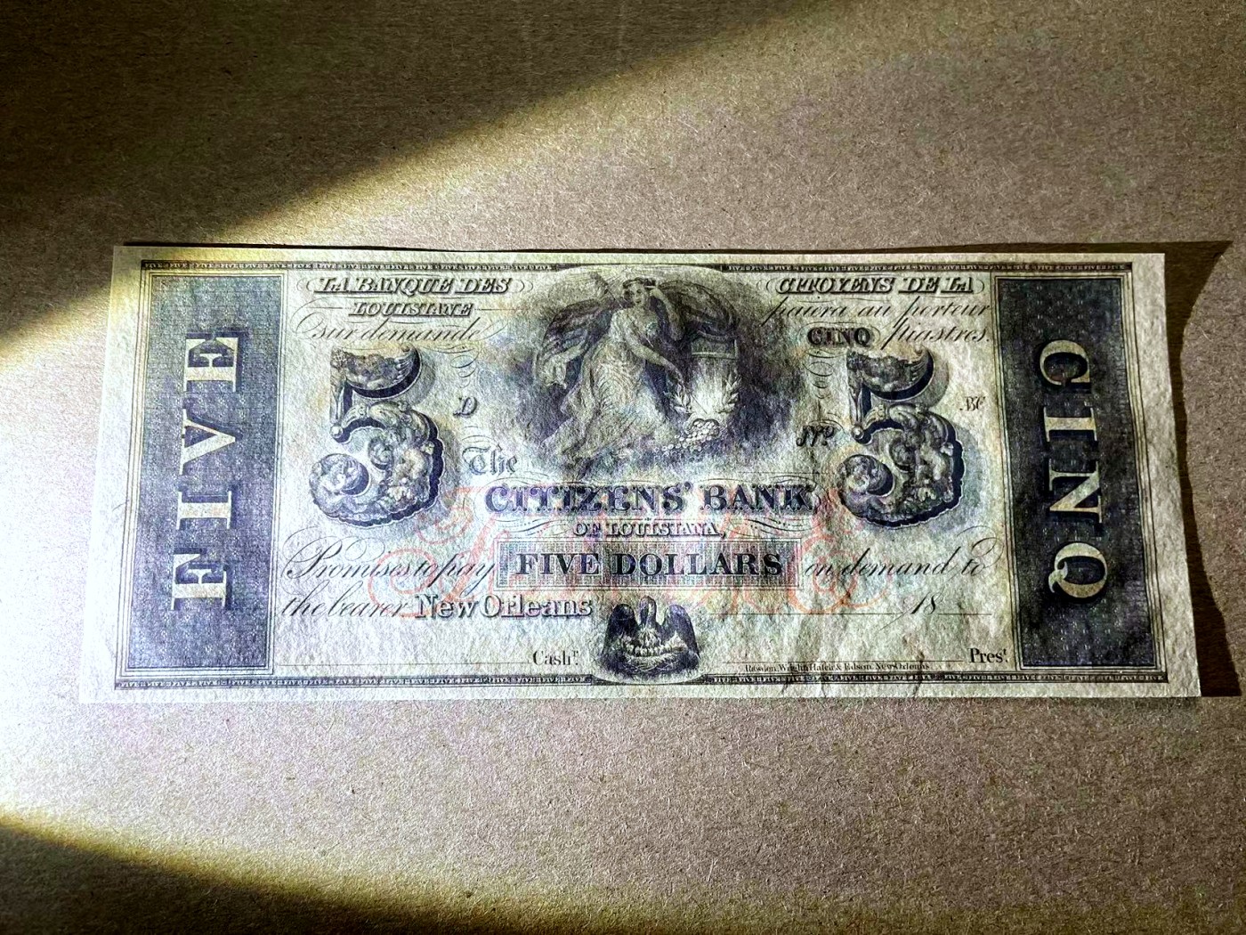 【Blue Auction】✨世界纸币精拍第401期【精】 【少见背面蓝色套印】美国 新奥尔良 18XX年5美金 双面设计大票幅精美 女神  全新UNC