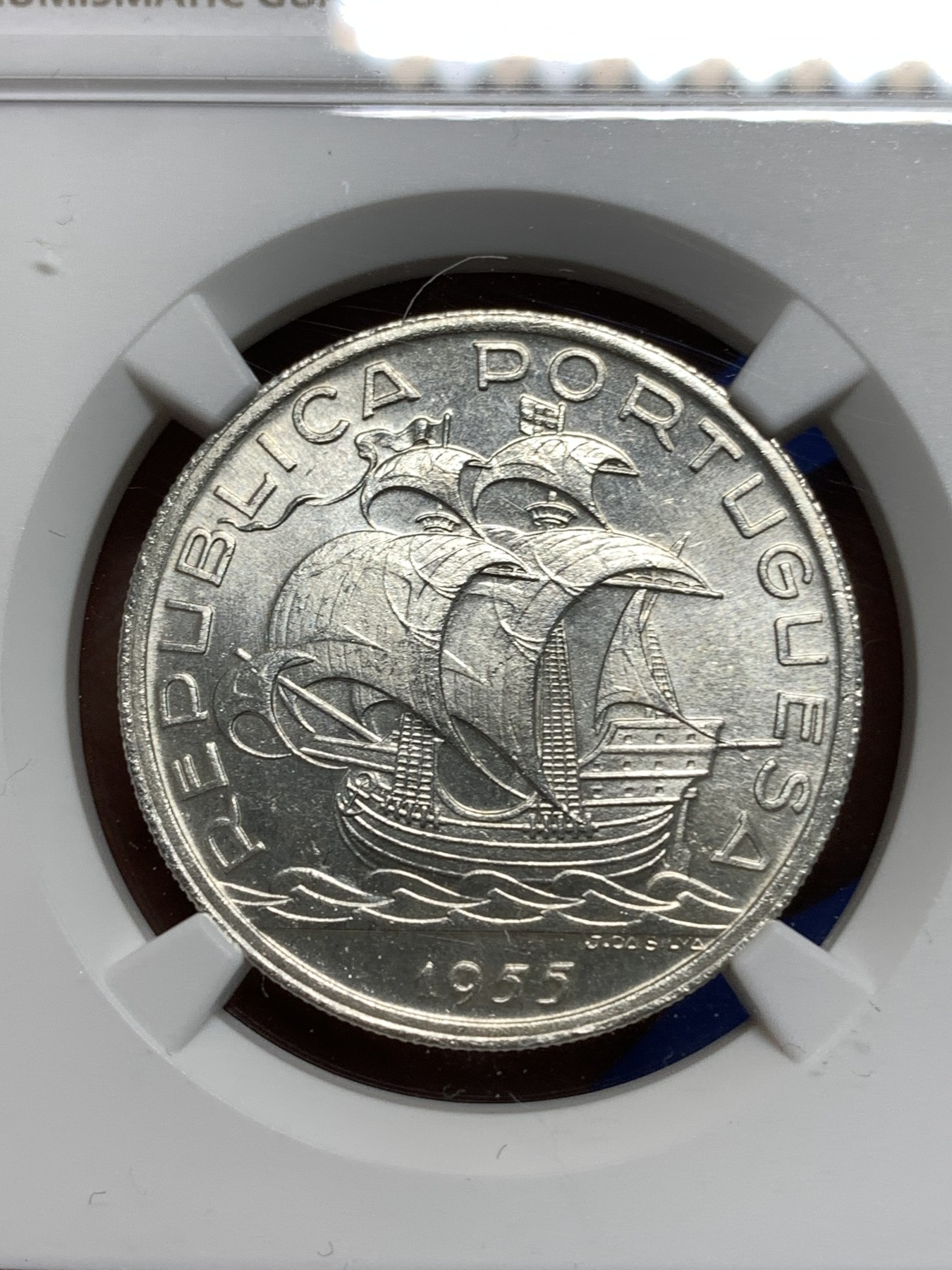 《竞宝斋》第221场-周日，周一 2场 (全场包邮) NGC MS65 葡萄牙1955年大帆船10埃斯库多银币