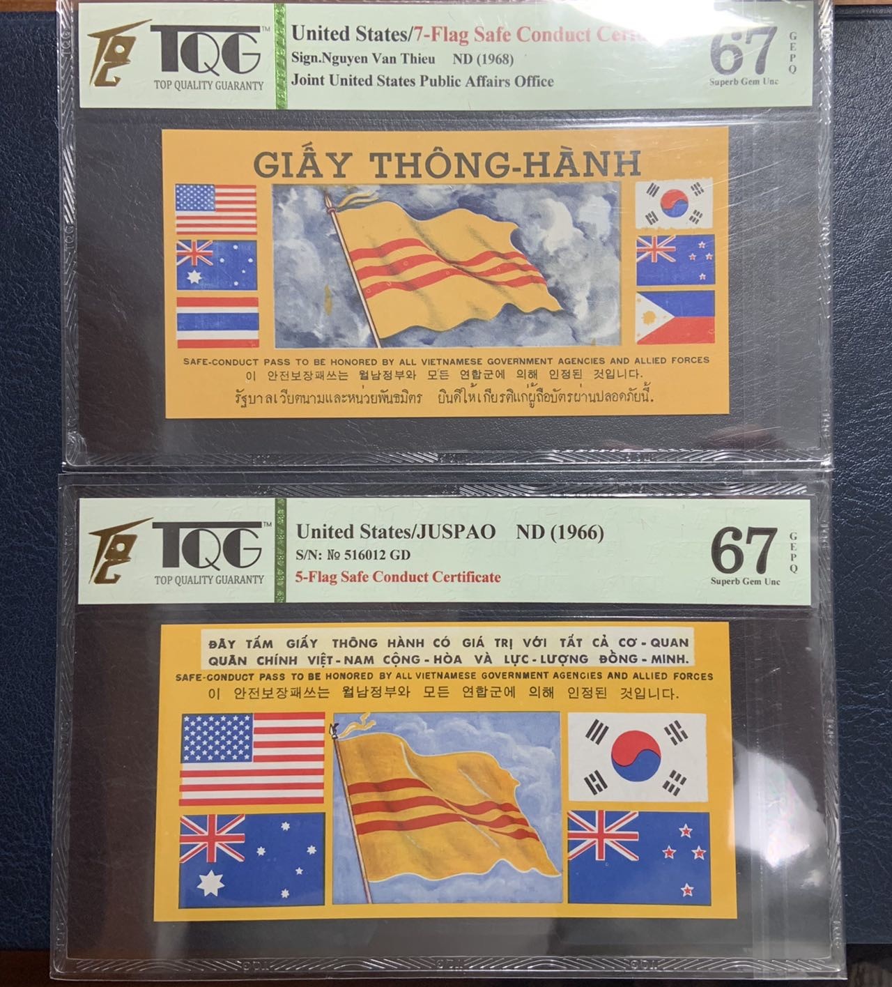 收藏联盟Quantum Auction 第308期拍卖  美国1966-68年越战劝降券一对 TQG67 冠军分 稀少5国劝降券