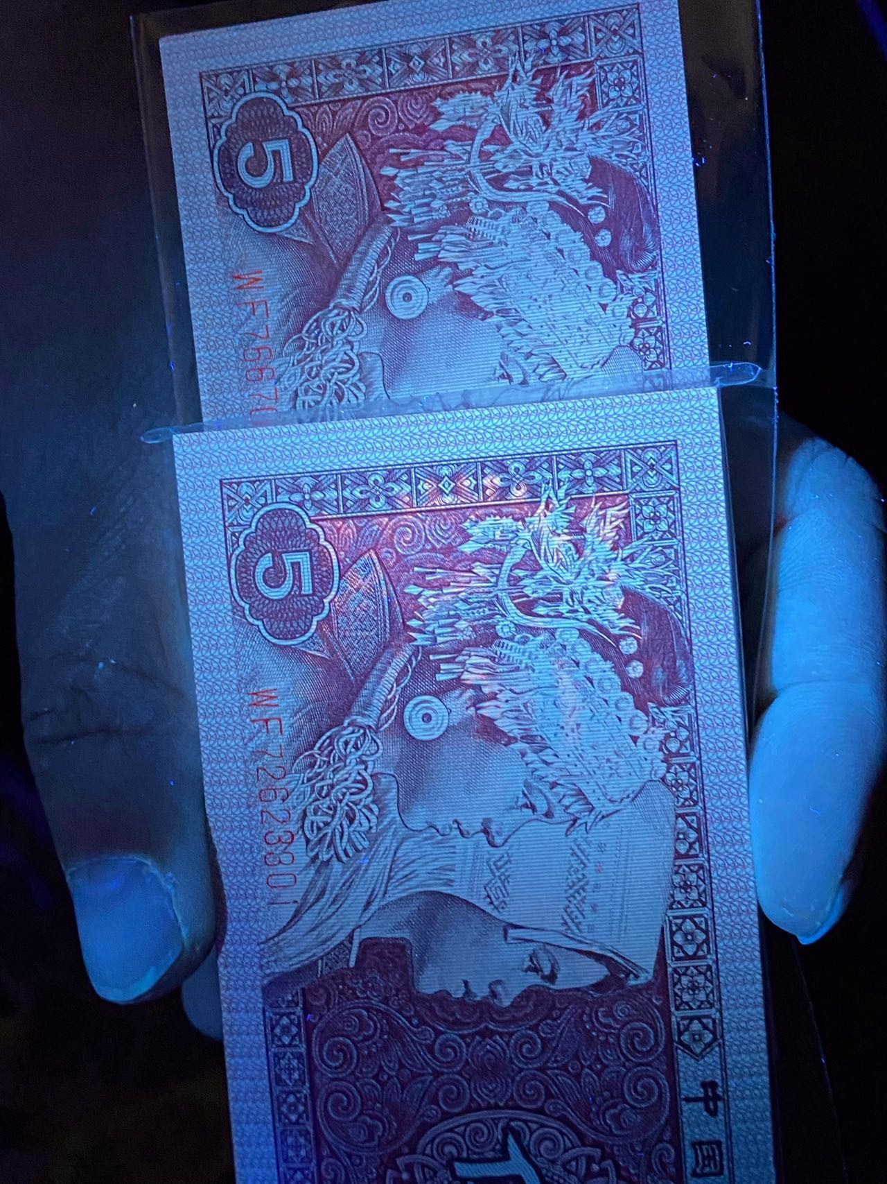 一线荧光币第349期拍场 钱坤评级8005WF7262正面最强效果的至尊双蝶姐妹花双边红， WF72623618，全程无四，评级币单张，数量有限，喜欢的一定不要错过。至尊双蝶姐妹花是8005至尊双边红细分版本，主要特征是两侧耳朵颜色亮度不同，右侧更加鲜艳。此流水还有尺寸偏大特征（宽边版）正常尺寸是125mm/58mm，宽边版尺寸为：126.3mm/59mm。超大纸张 ，喜欢的朋友一定不要错过抓紧机遇，绝品无斑无油。