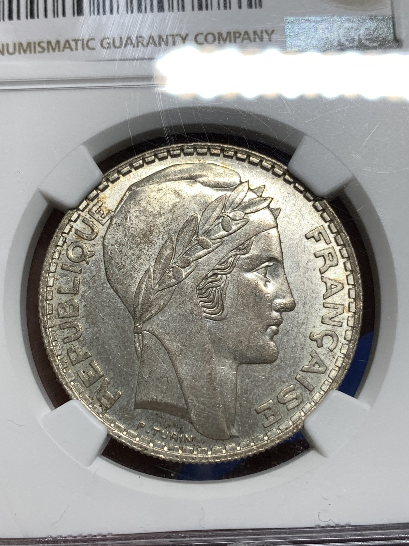 《竞宝斋》第221场-周日，周一 2场 (全场包邮) NGC-MS62 法国1934年 谷物女神20法郎大银币