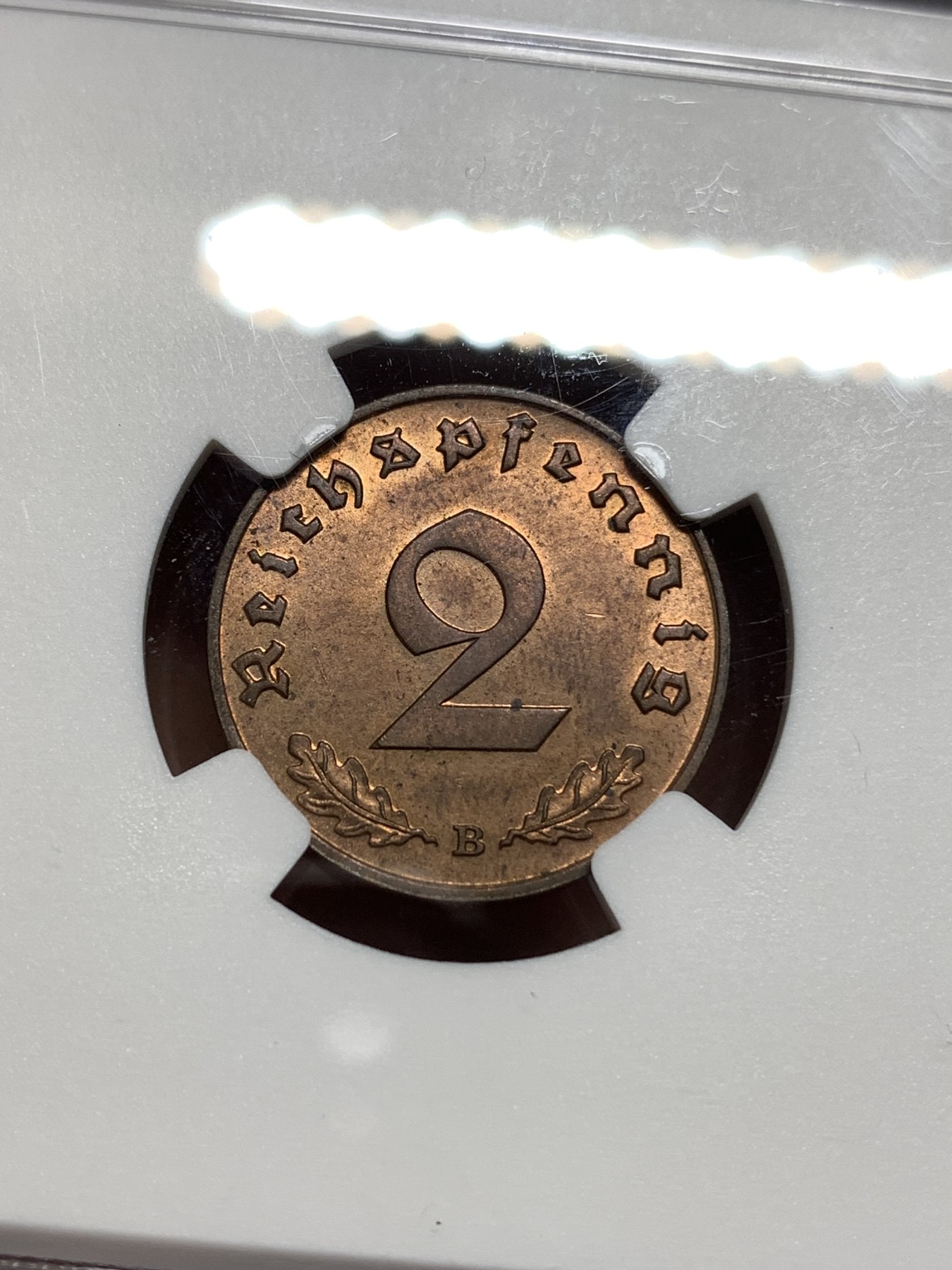 《竞宝斋》第221场-周日，周一 2场 (全场包邮) NGC MS63RB 1939B德国2芬尼 高分难得