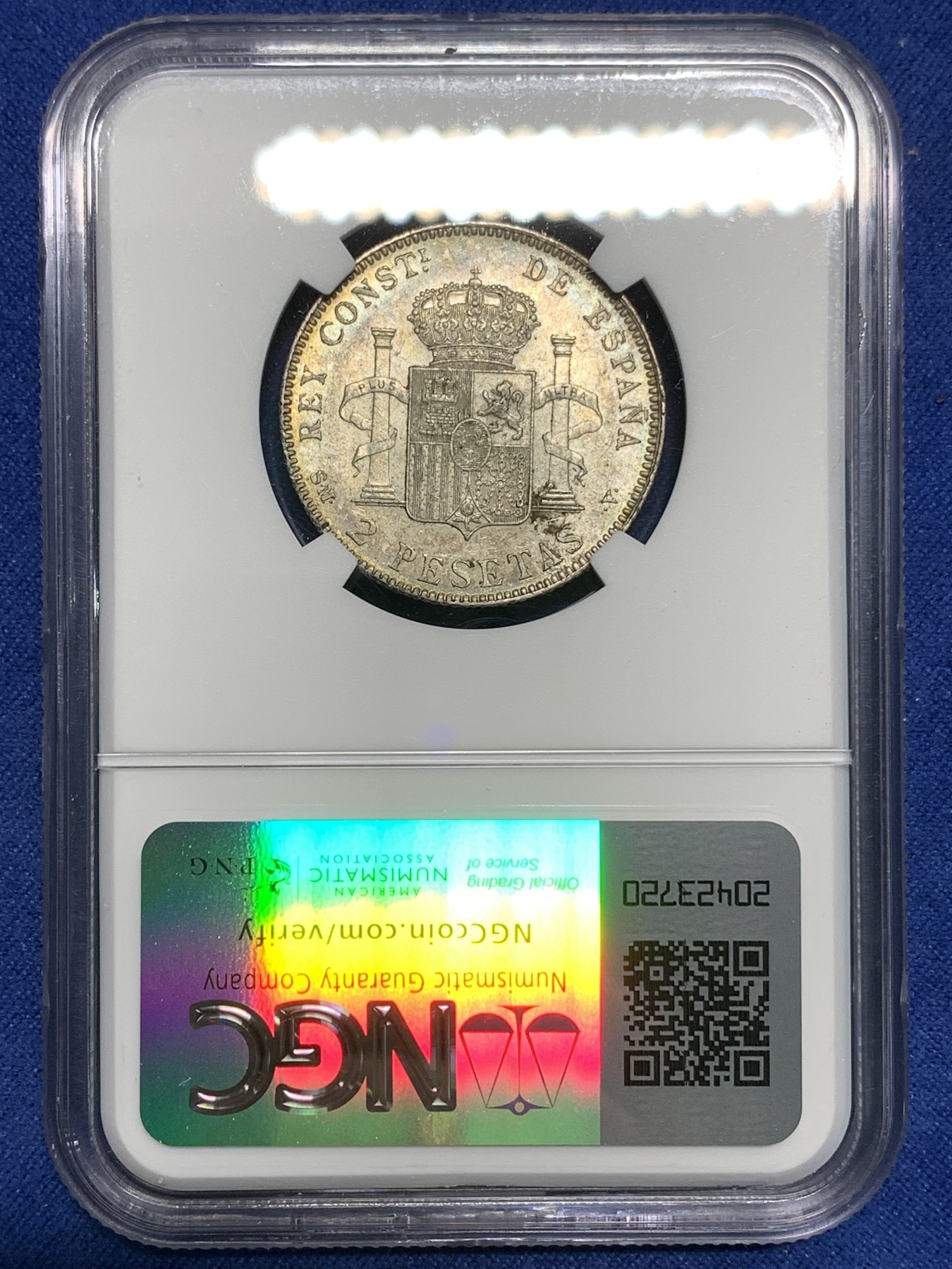 《竞宝斋》第221场-周日，周一 2场 (全场包邮) NGC-MS61 西班牙1905阿方索十三世2比塞塔银币