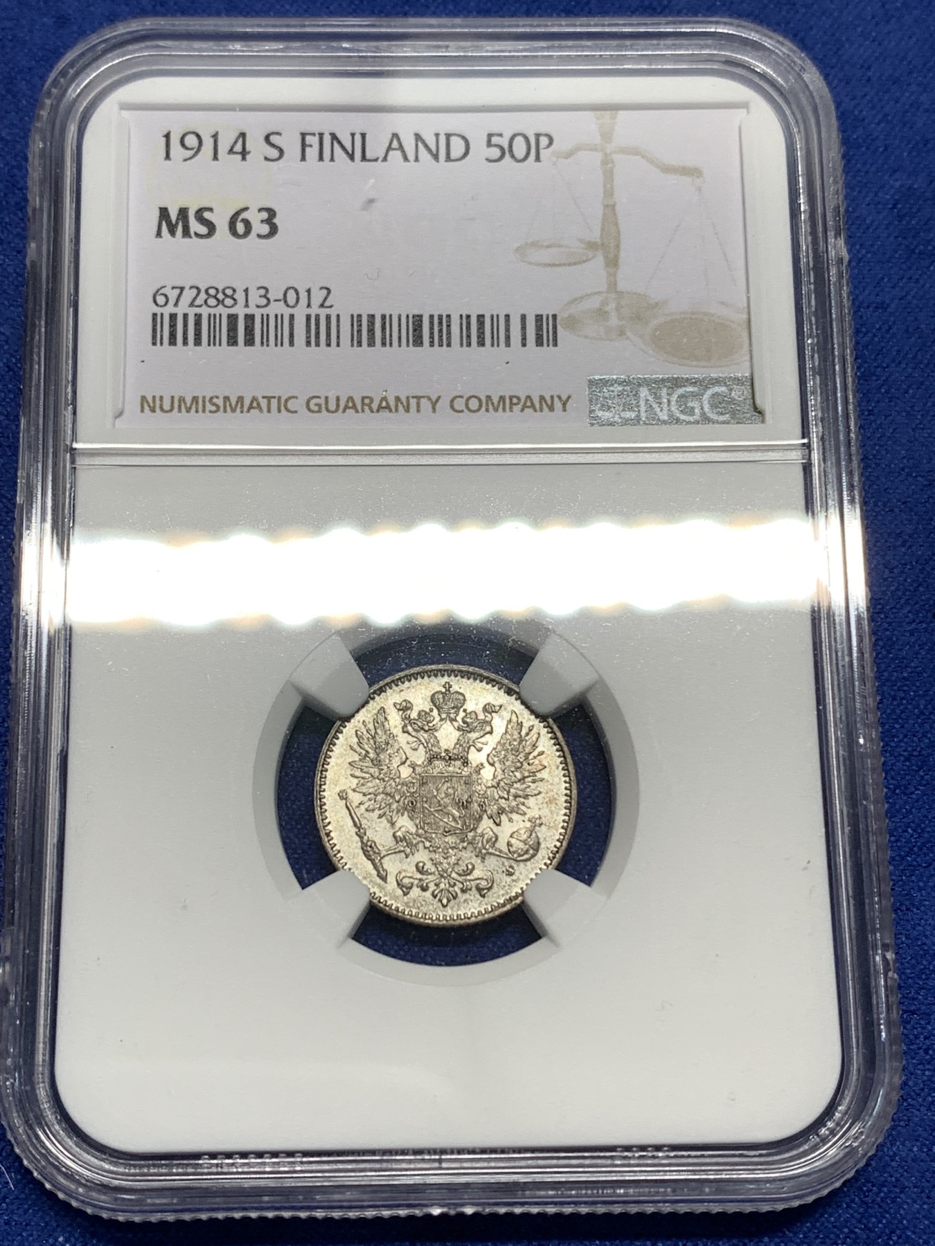 《竞宝斋》第221场-周日，周一 2场 (全场包邮) NGC-MS63 俄占芬兰1914年 双头鹰50P银币