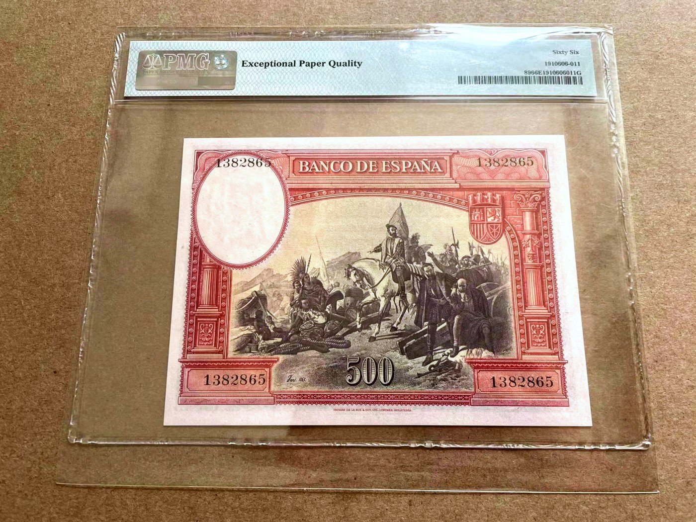 【Blue Auction】✨世界纸币精拍第401期【精】 【无47】西班牙 1935年500比塞塔 PMG66EPQ 科尔特斯 雕刻精美