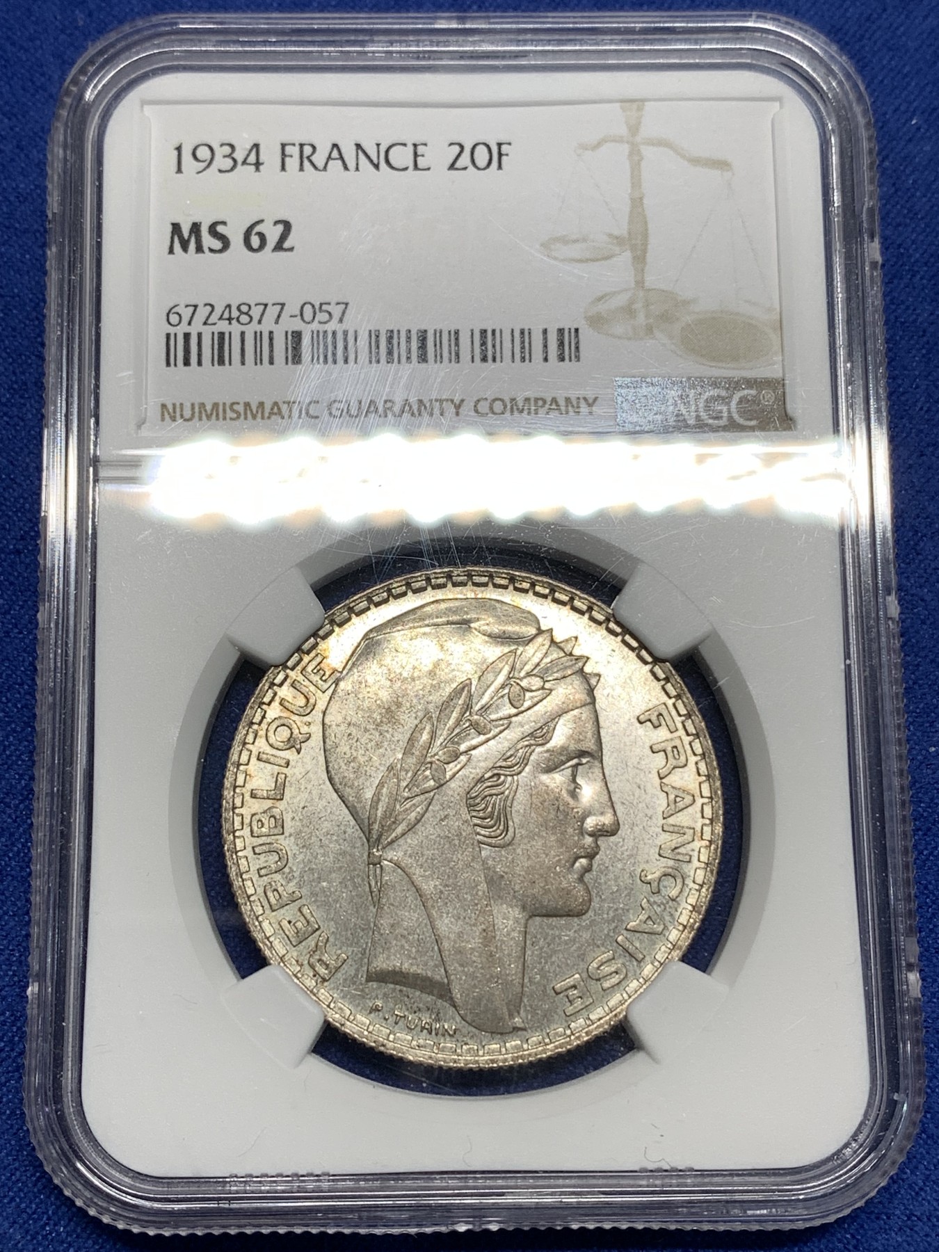 《竞宝斋》第221场-周日，周一 2场 (全场包邮) NGC-MS62 法国1934年 谷物女神20法郎大银币