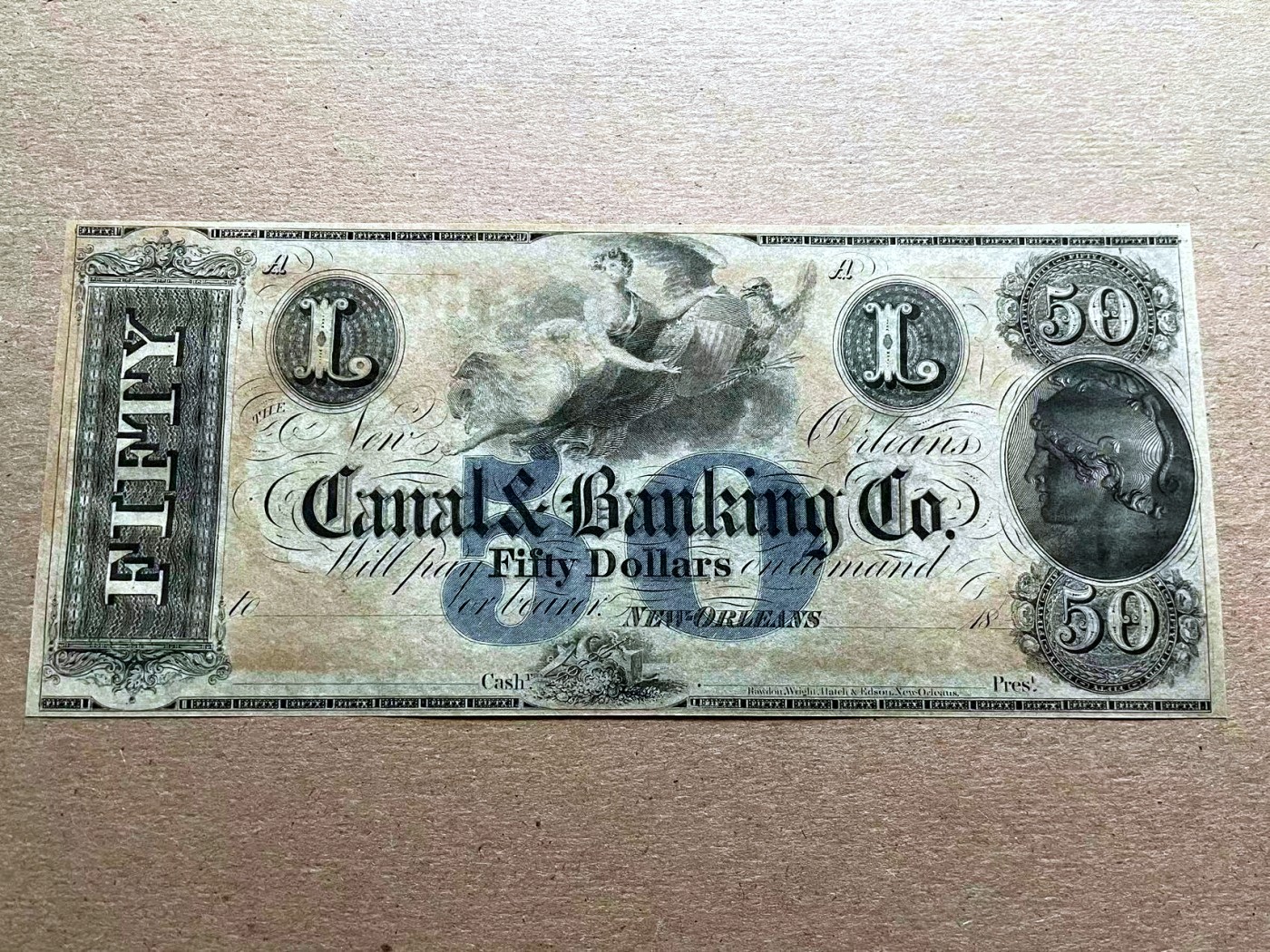 【Blue Auction】✨世界纸币精拍第401期【精】 【蓝色套印】美国 新奥尔良 18XX年50美金 双面设计大票幅精美 数字中都是小天使 女神与鹰 少见品种 全新UNC