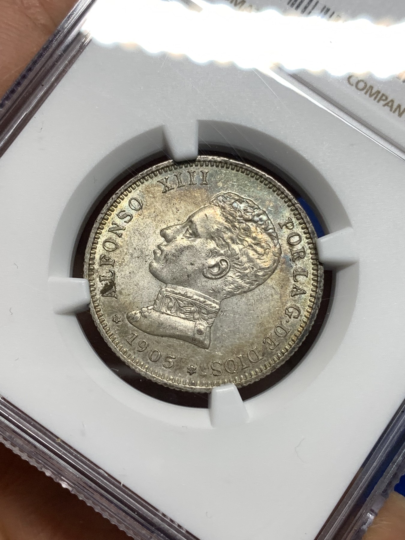 《竞宝斋》第221场-周日，周一 2场 (全场包邮) NGC-MS61 西班牙1905阿方索十三世2比塞塔银币