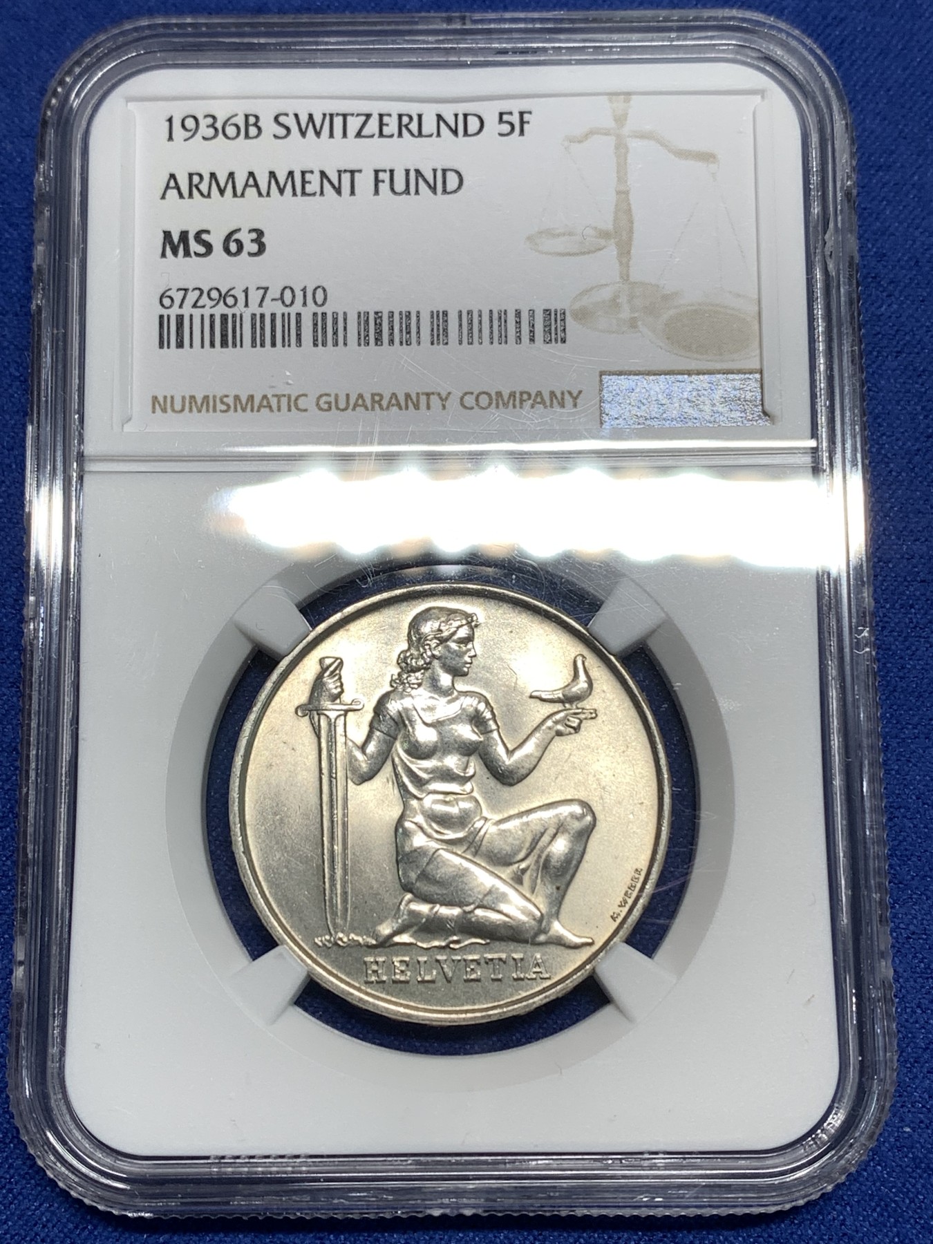 《竞宝斋》第221场-周日，周一 2场 (全场包邮) NGC MS63 瑞士1936赫尔维蒂和平5法郎银币