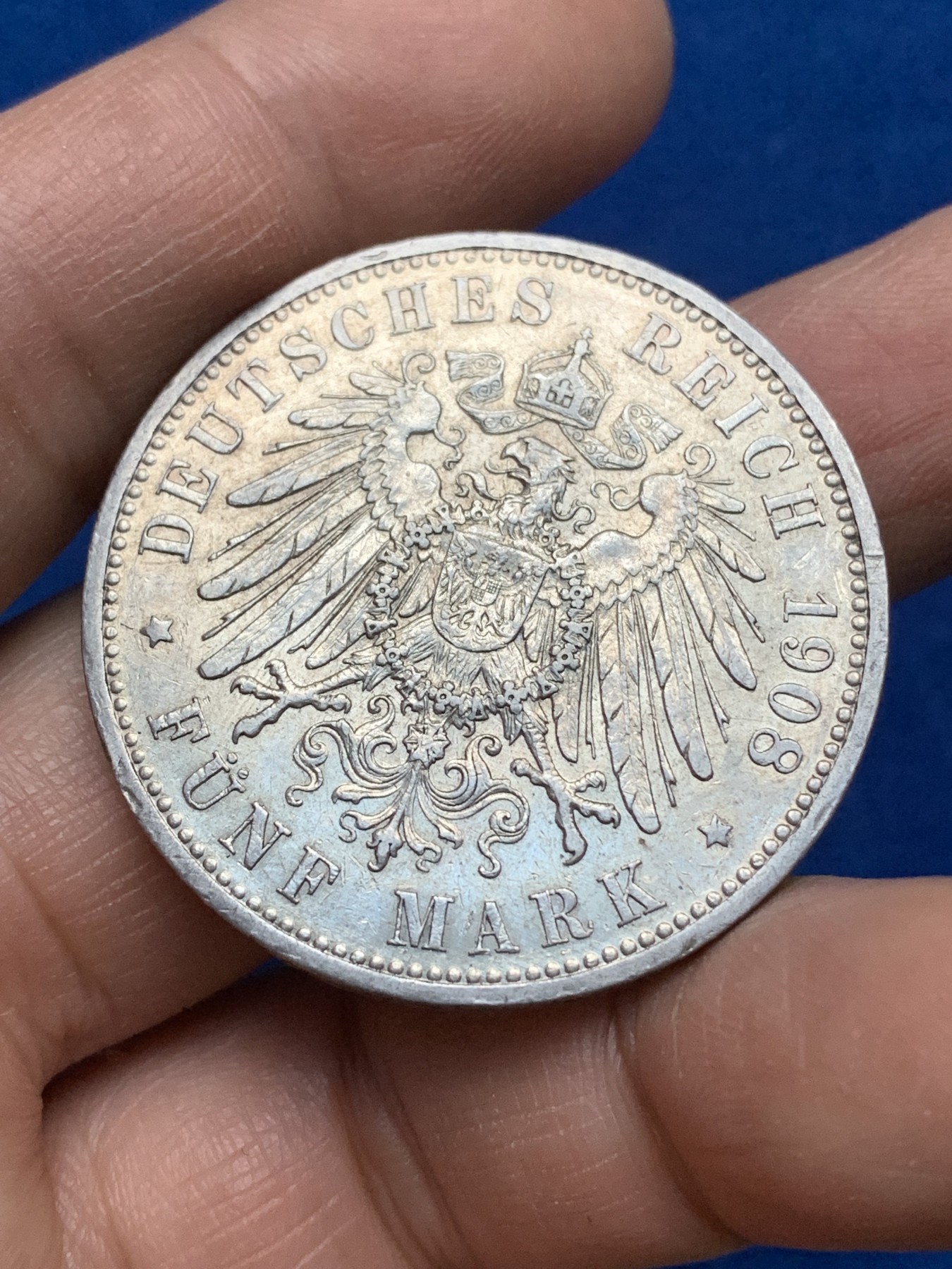 《竞宝斋》第221场-周日，周一 2场 (全场包邮) 德国1908年普鲁士威廉二世5马克银币