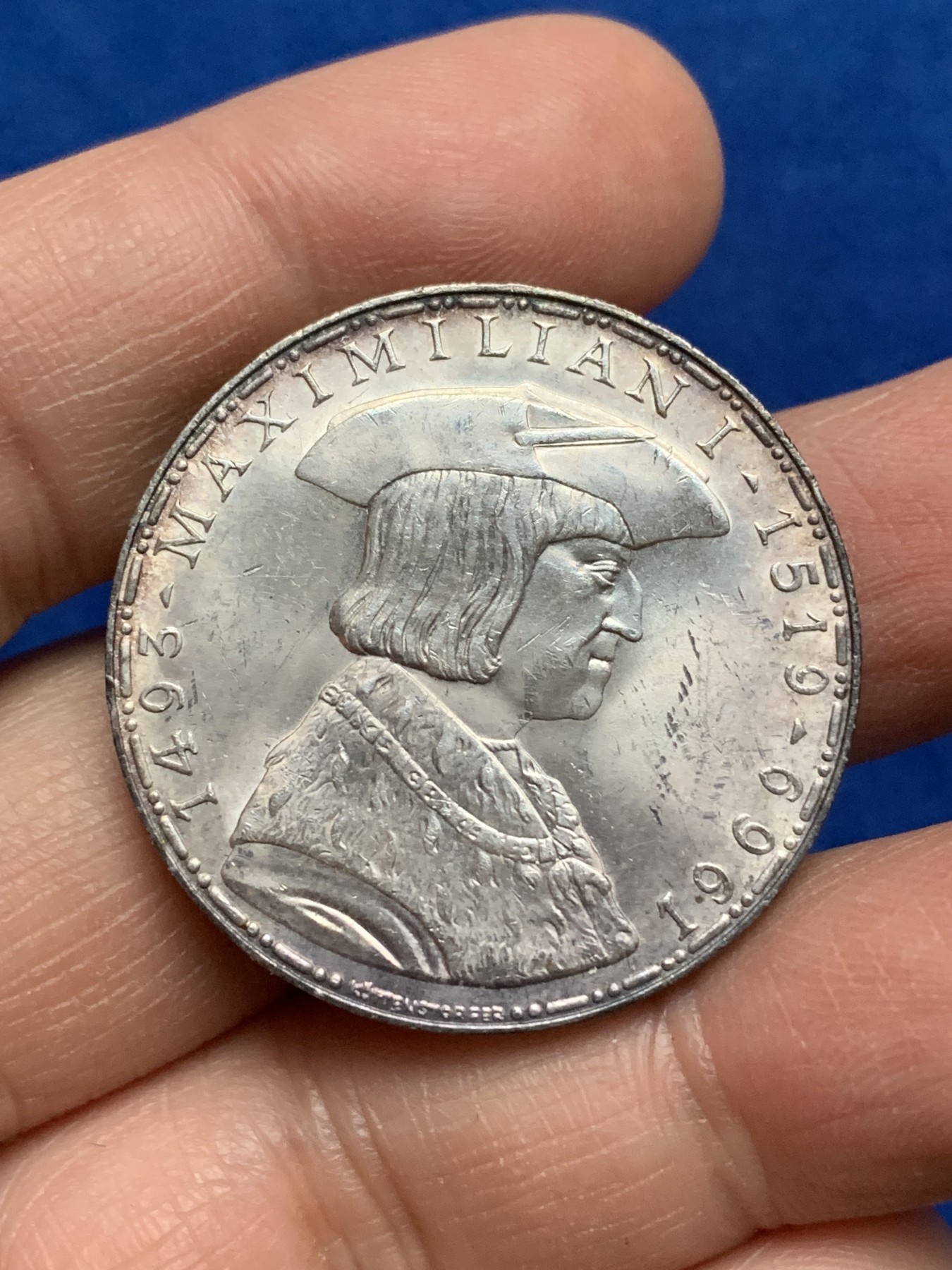 《竞宝斋》第221场-周日，周一 2场 (全场包邮) 奥地利1969年马克西米连一世逝世450周年50先令银币 原光未使用